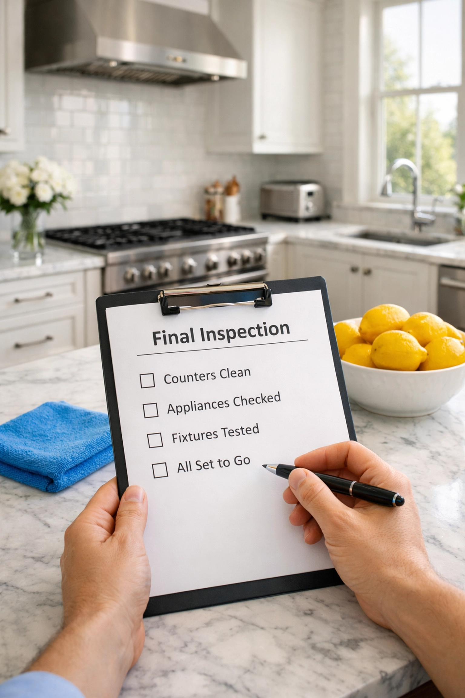 A luxury kitchen inspection using the ultimate Boston apartment cleaning checklist to get a security deposit back.