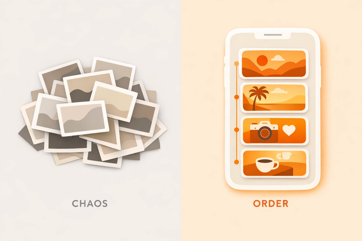 Comparison of a messy camera roll versus a clean contractor photo app project timeline.
