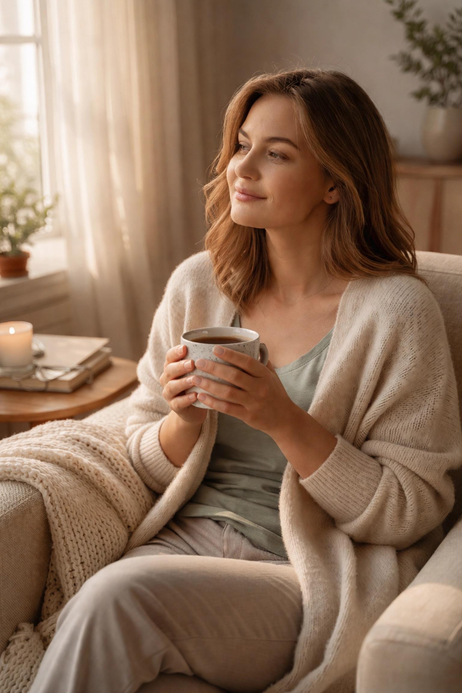Spouse practicing self-care at home with tea, taking a peaceful moment for mental health and reflection