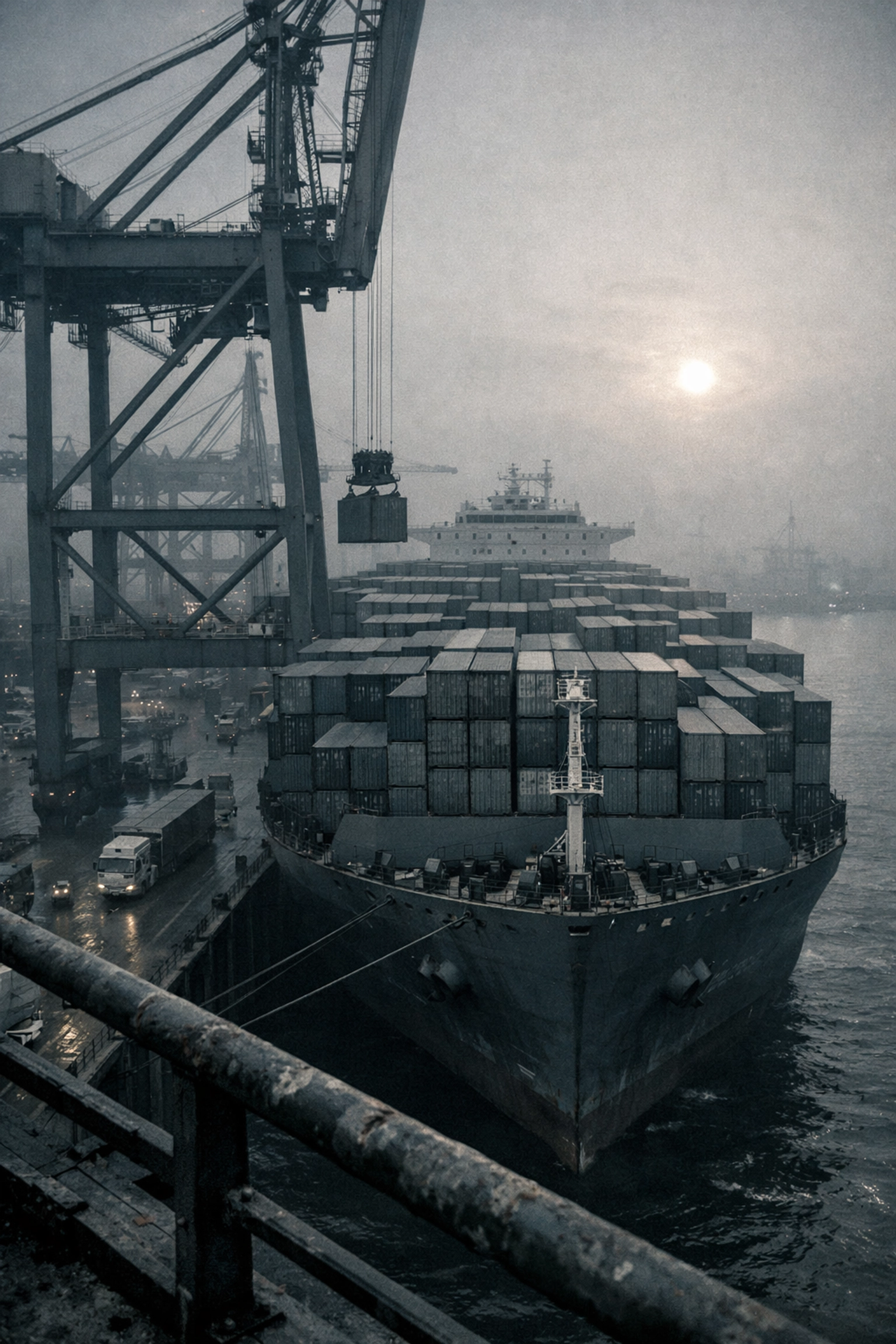Large container ship at a misty port symbolizing the scale of Korea’s Digital Silk Road initiative.