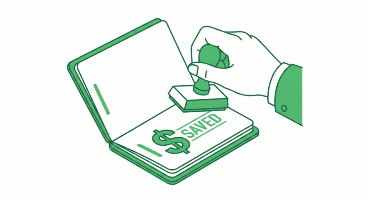 A green stamp marked 'SAVED' with a dollar sign on a passport
