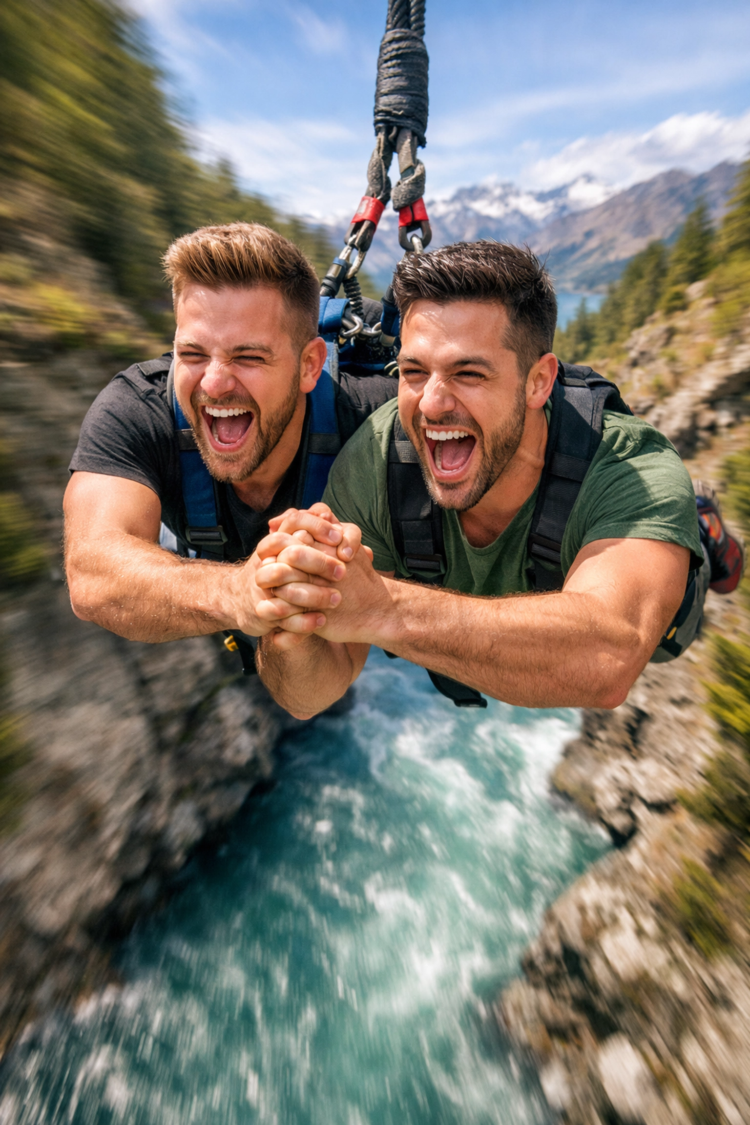 Two men tandem bungee jumping in Queenstown New Zealand during gay honeymoon adventure