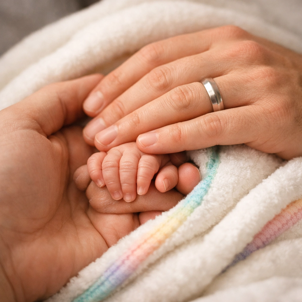 Gay dads holding newborn baby's hand representing same-sex adoption and new parenthood
