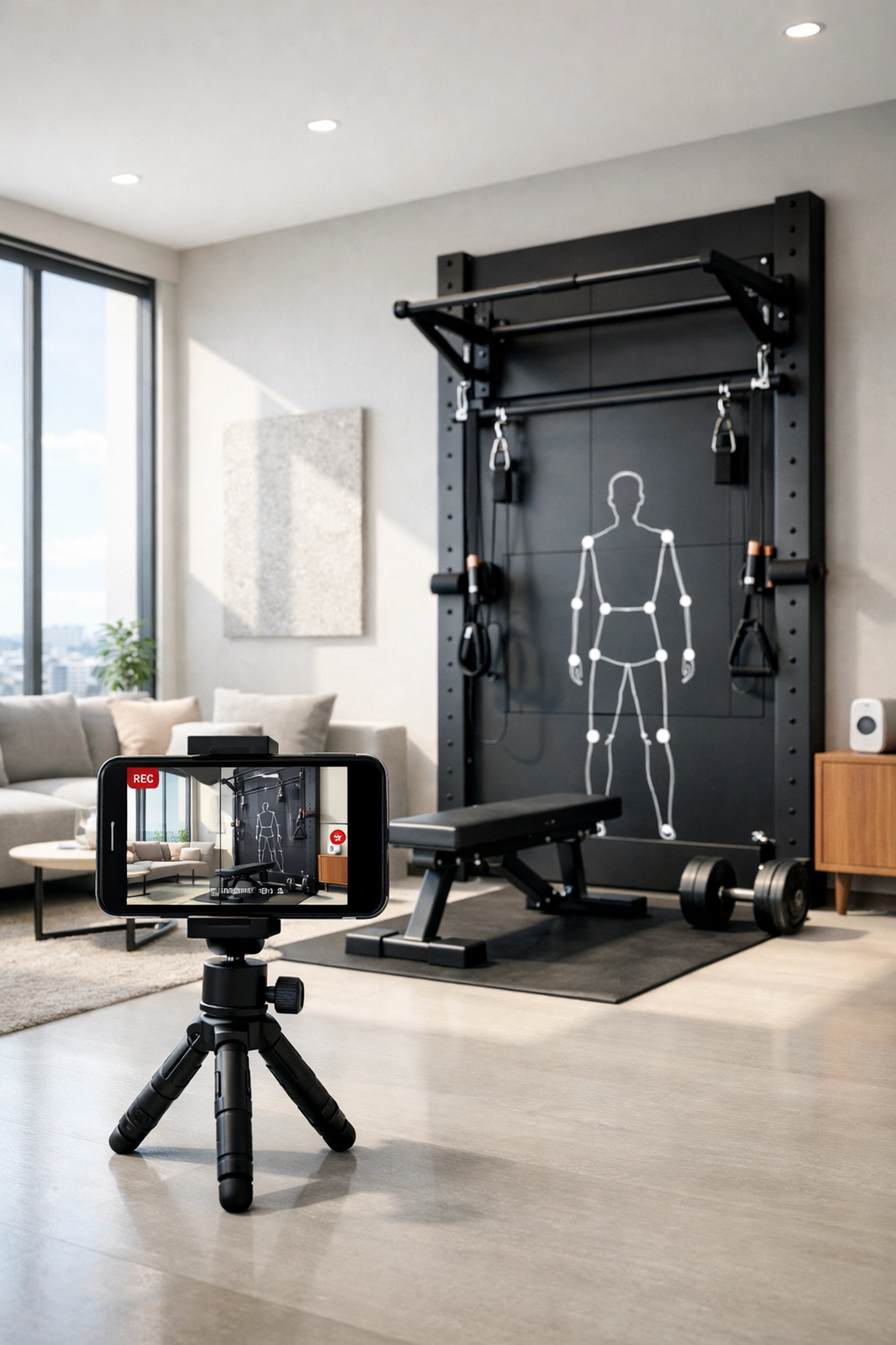 Modern floor to ceiling gym setup with a smartphone for monitoring home workout form.