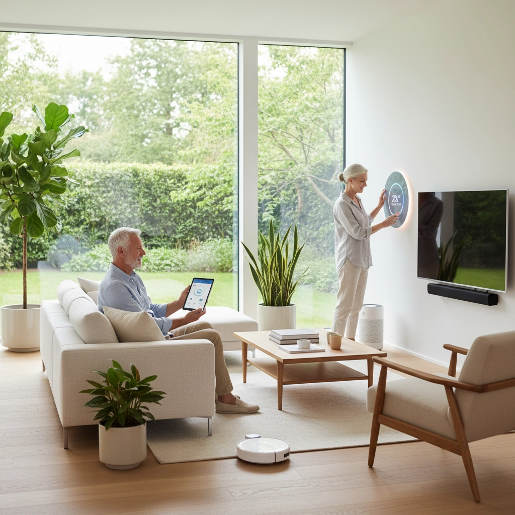 Man on sofa uses tablet while woman adjusts smart thermostat. Modern living room with plants, robot vacuum, and large window with garden view.
