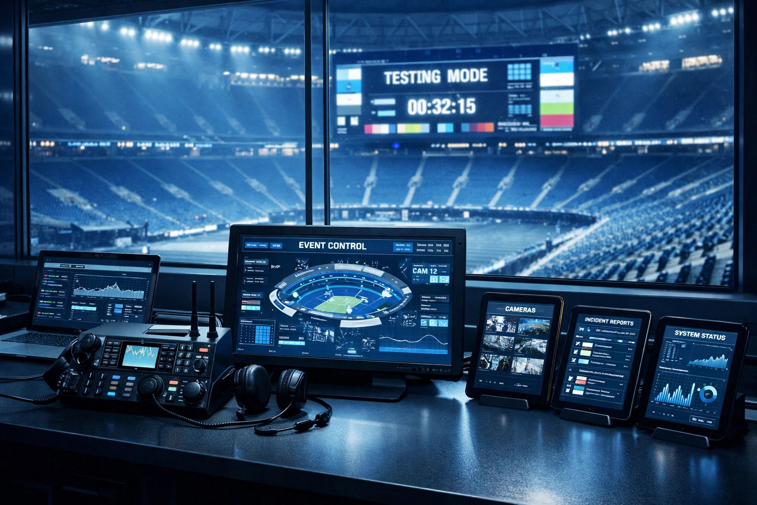 Stadium media operations center with data visualizations overlooking a brightly lit arena for crowd management.