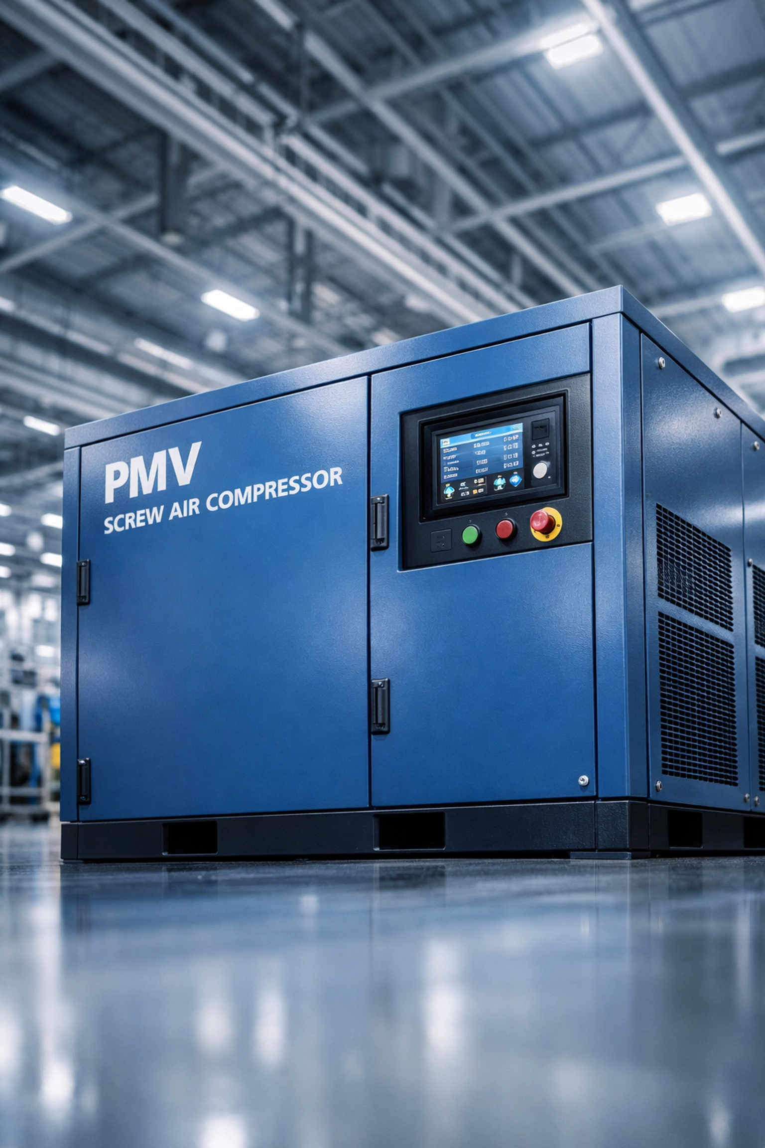 Professional PMV rotary screw air compressor in an industrial factory, optimized for fiber laser cutting efficiency.