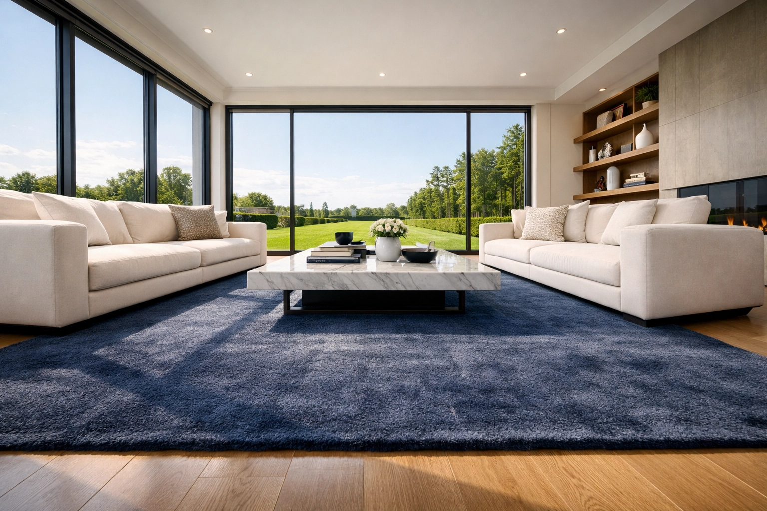 Spotless modern living room illustrating professional residential cleaning Massachusetts in a luxury home.