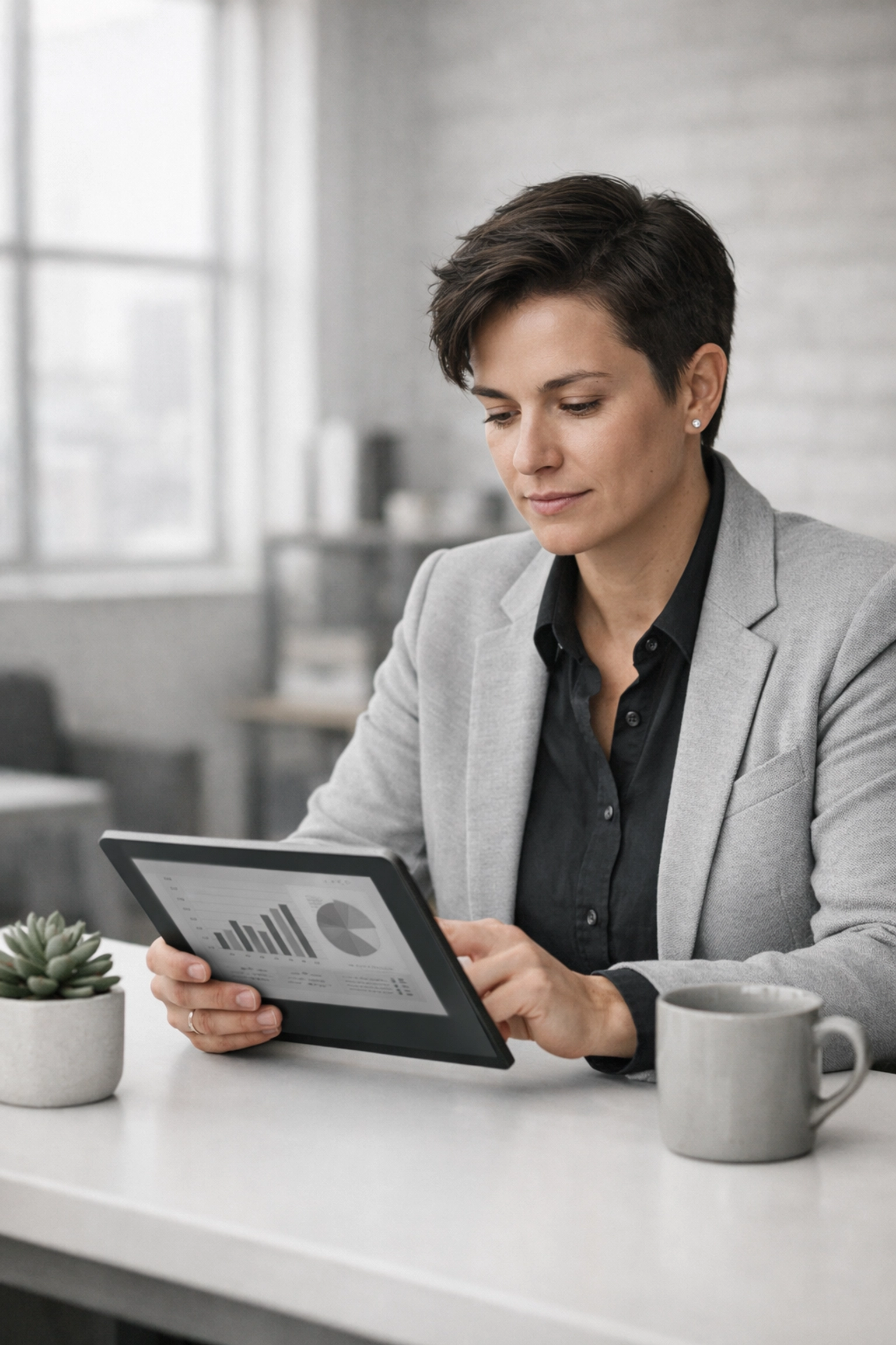 Canadian business owner reviewing financial data on a tablet for business loan approval