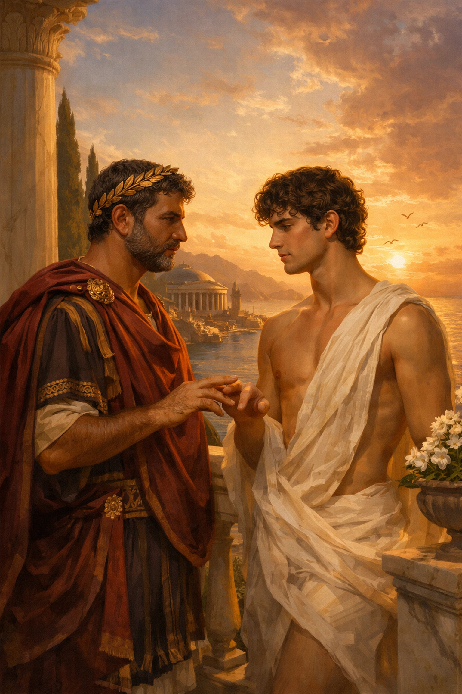 Emperor Hadrian and Antinous in a romantic historical scene on a Roman balcony.