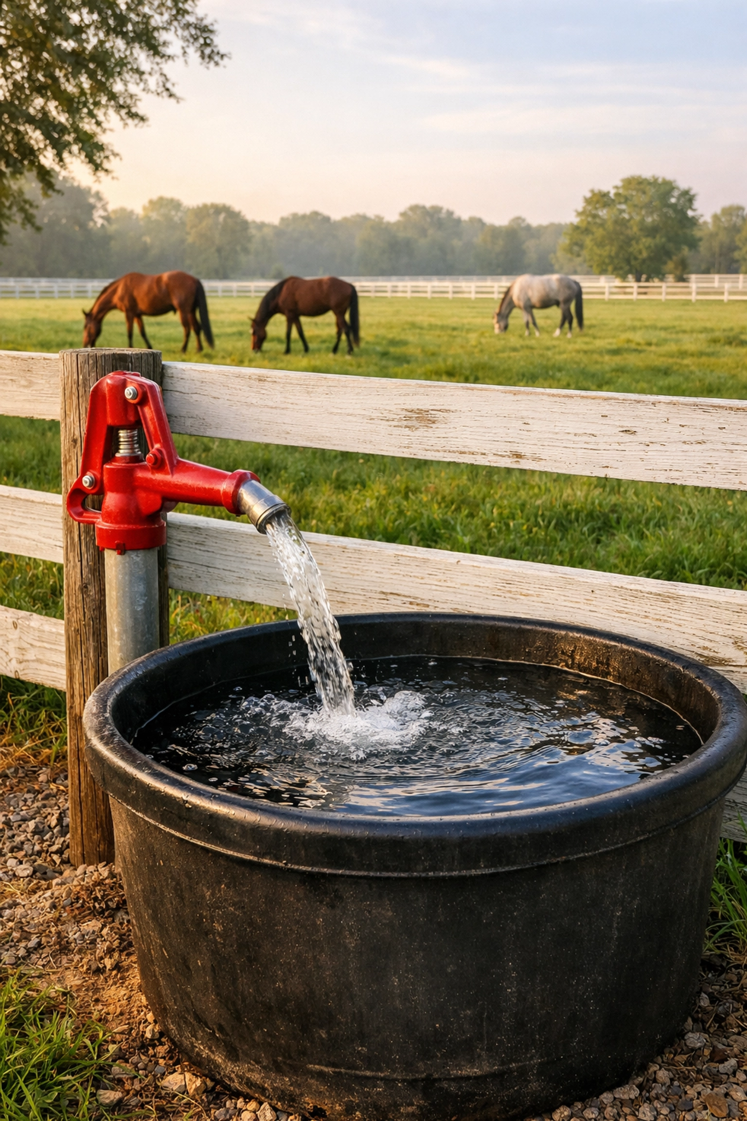 Frost-free water hydrant and trough system on Waxhaw horse farm with grazing horses