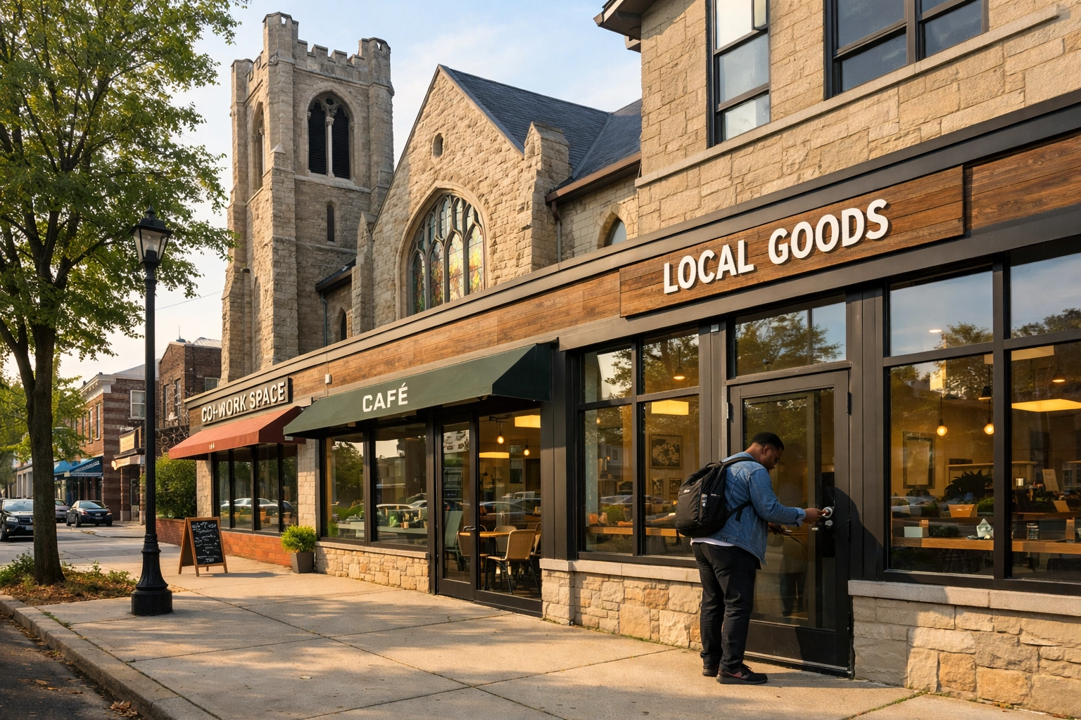 Church building converted into local business center demonstrating community economic development