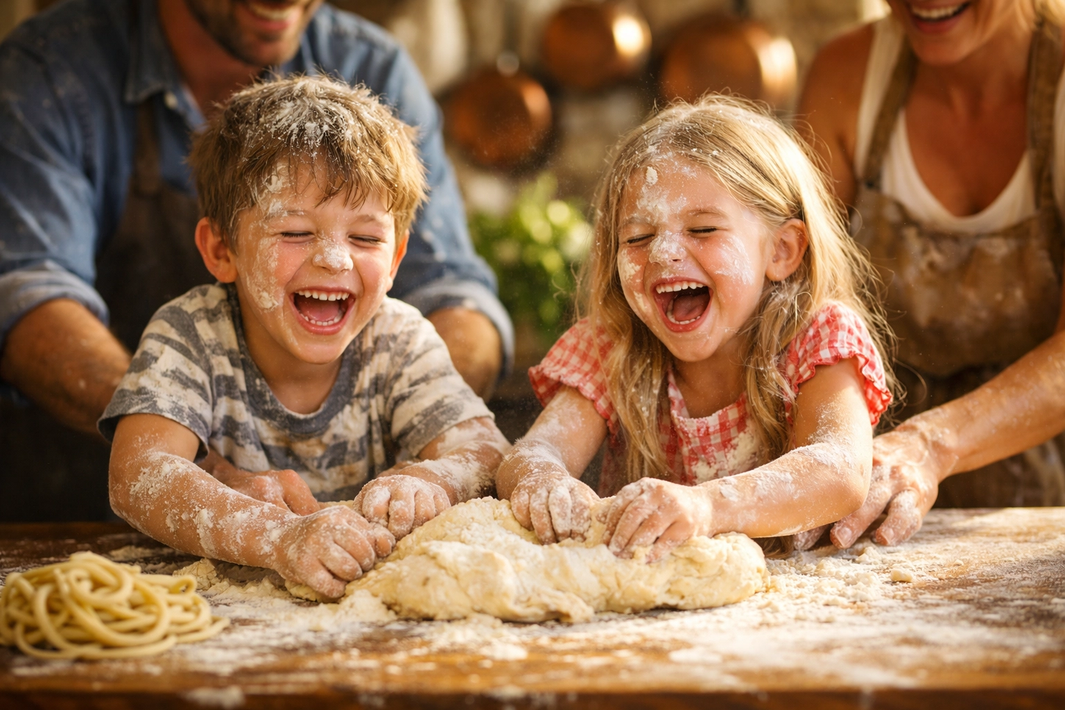 Family laughing while making pasta in a sunny kitchen, a fun family travel activity for great vacation photos.