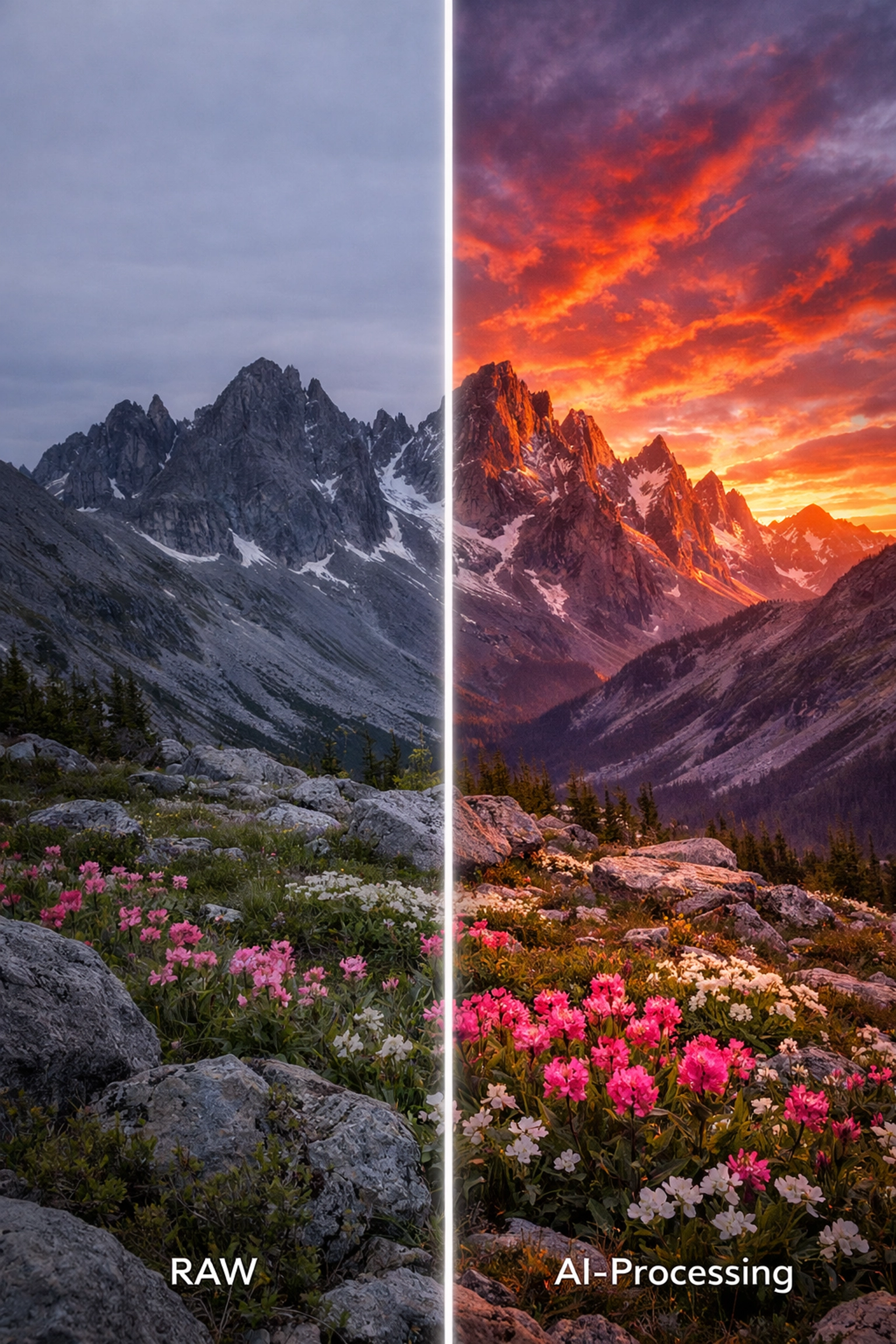 Landscape photography tips showing a before and after comparison using advanced photo editing tutorials.