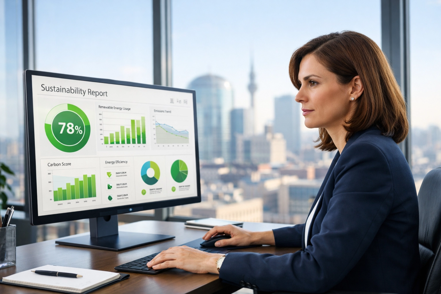 Professional reviewing ServiceNow ESG sustainability reporting metrics for EU compliance in a modern office.
