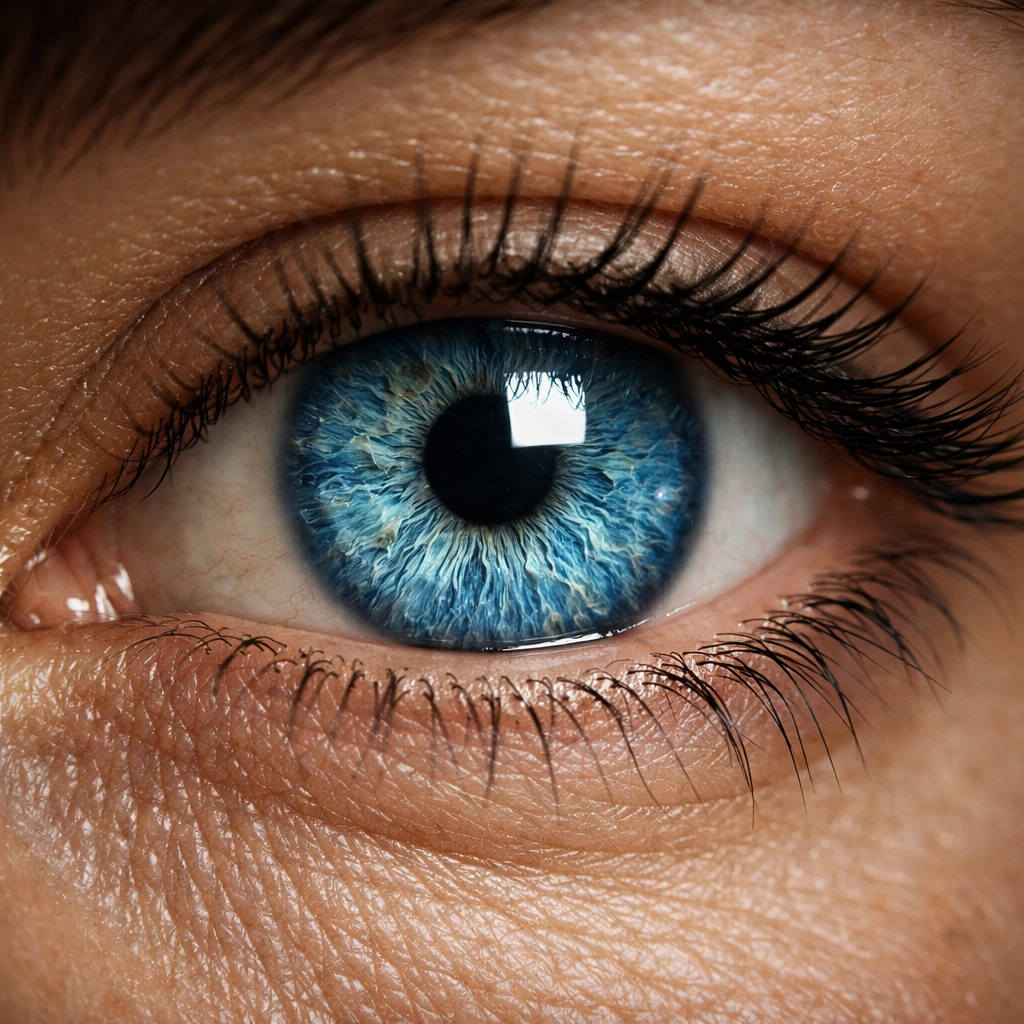 Macro shot of a sharp human eye with catchlight, illustrating focus in portrait photography techniques.