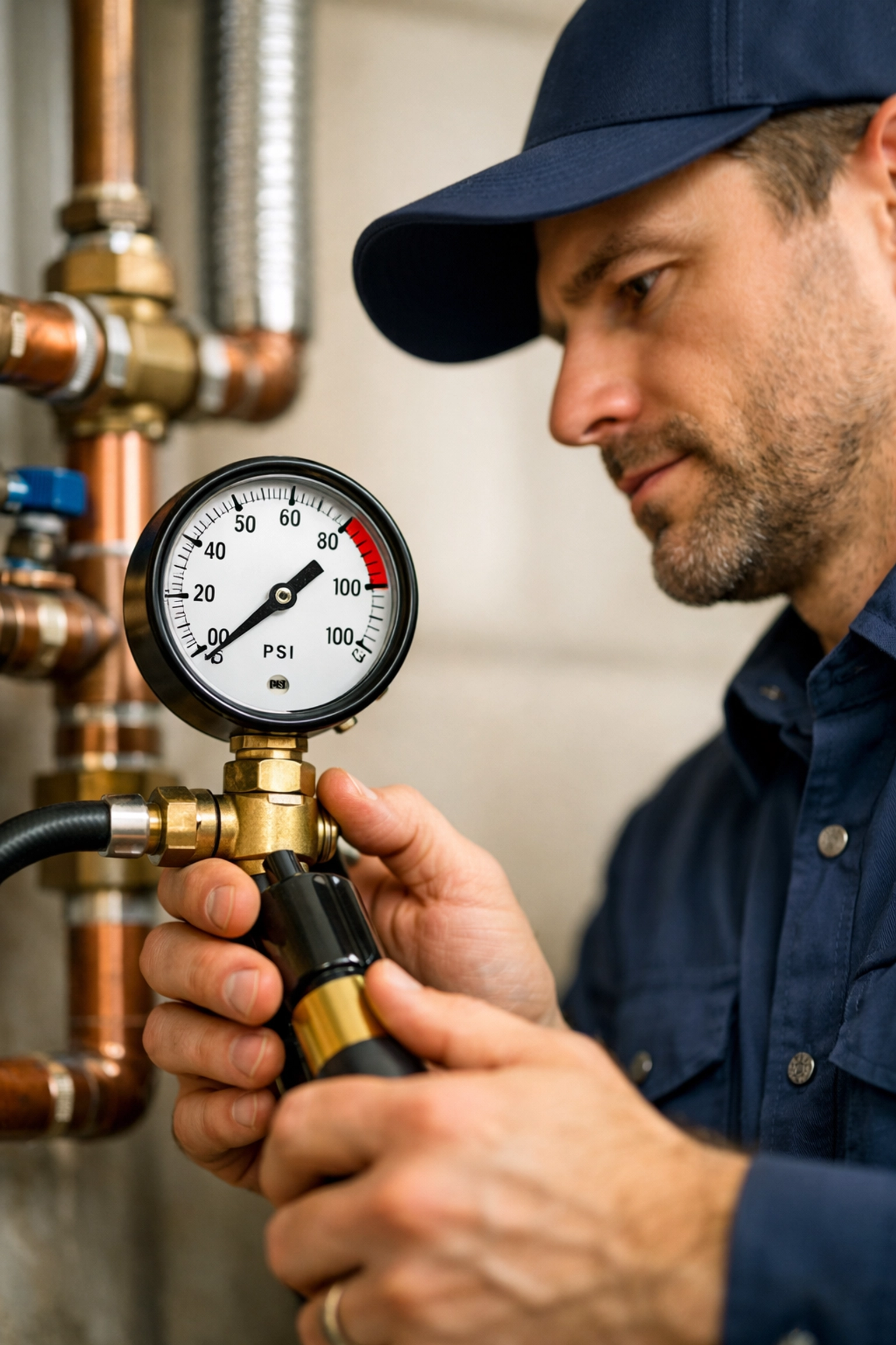 Professional technician conducting a plumbing inspection in Phoenix AZ using a water pressure gauge.