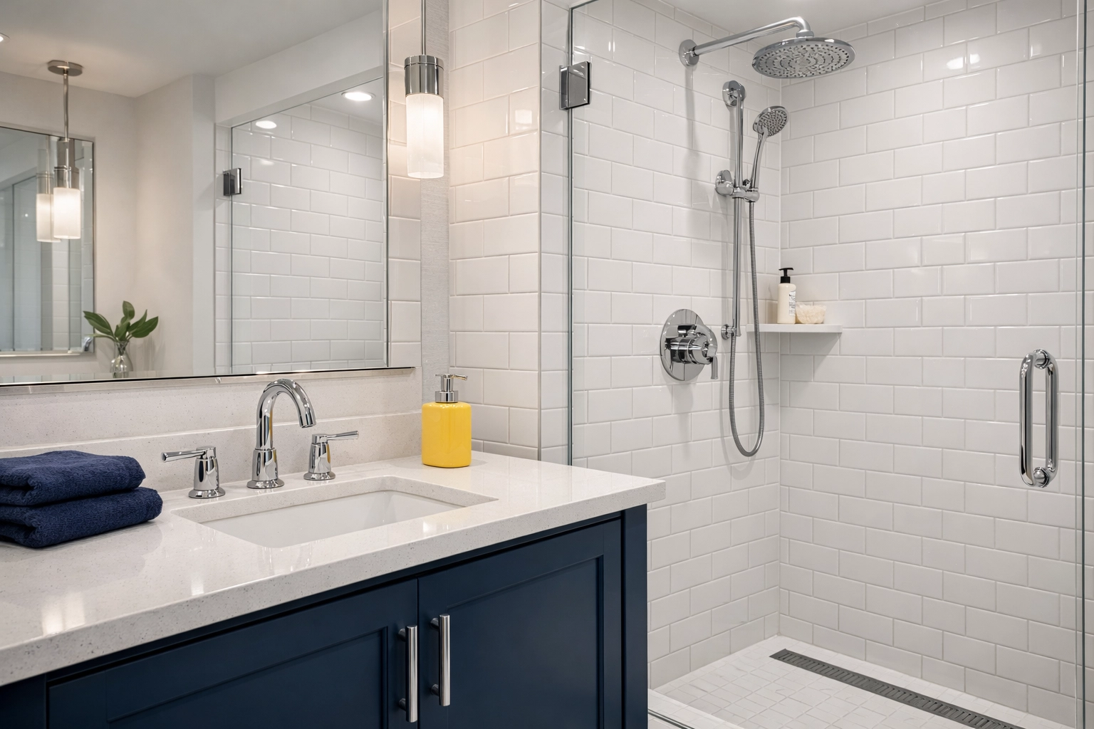 Professionally sanitized Natick bathroom with subway tiles and polished fixtures from a residential cleaning service.
