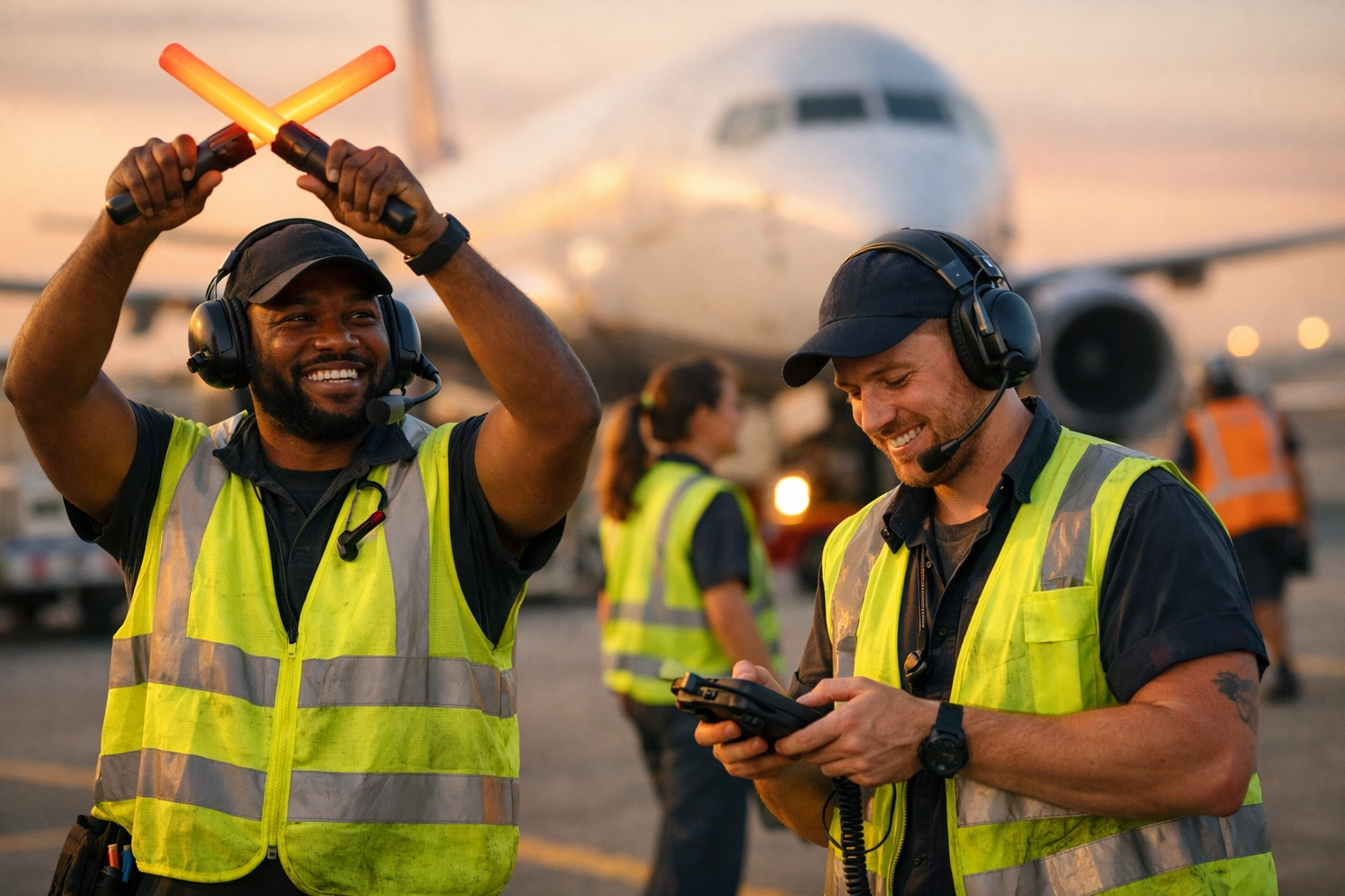 Two male ramp agents guiding aircraft on airport tarmac at sunset