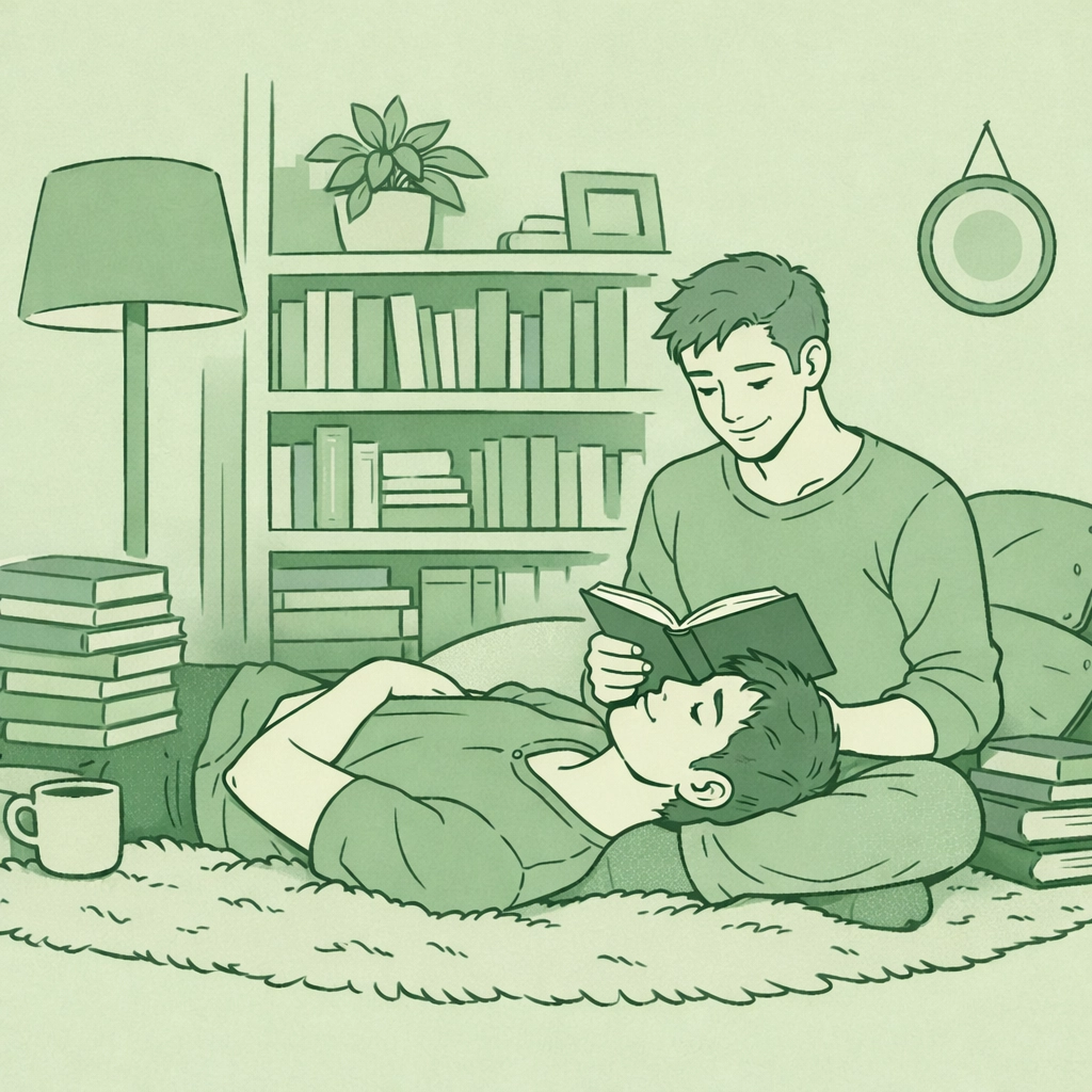 A cozy MM couple sharing a book, illustrating the importance of representation in gay literature and MM fiction.