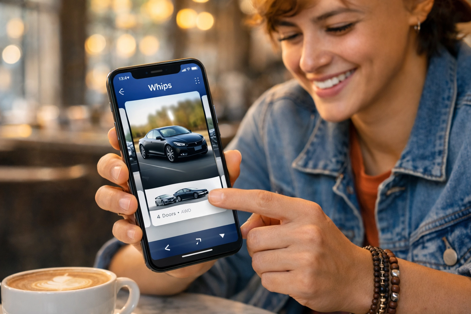 Young car buyer swiping through vehicles on mobile app at coffee shop with ease
