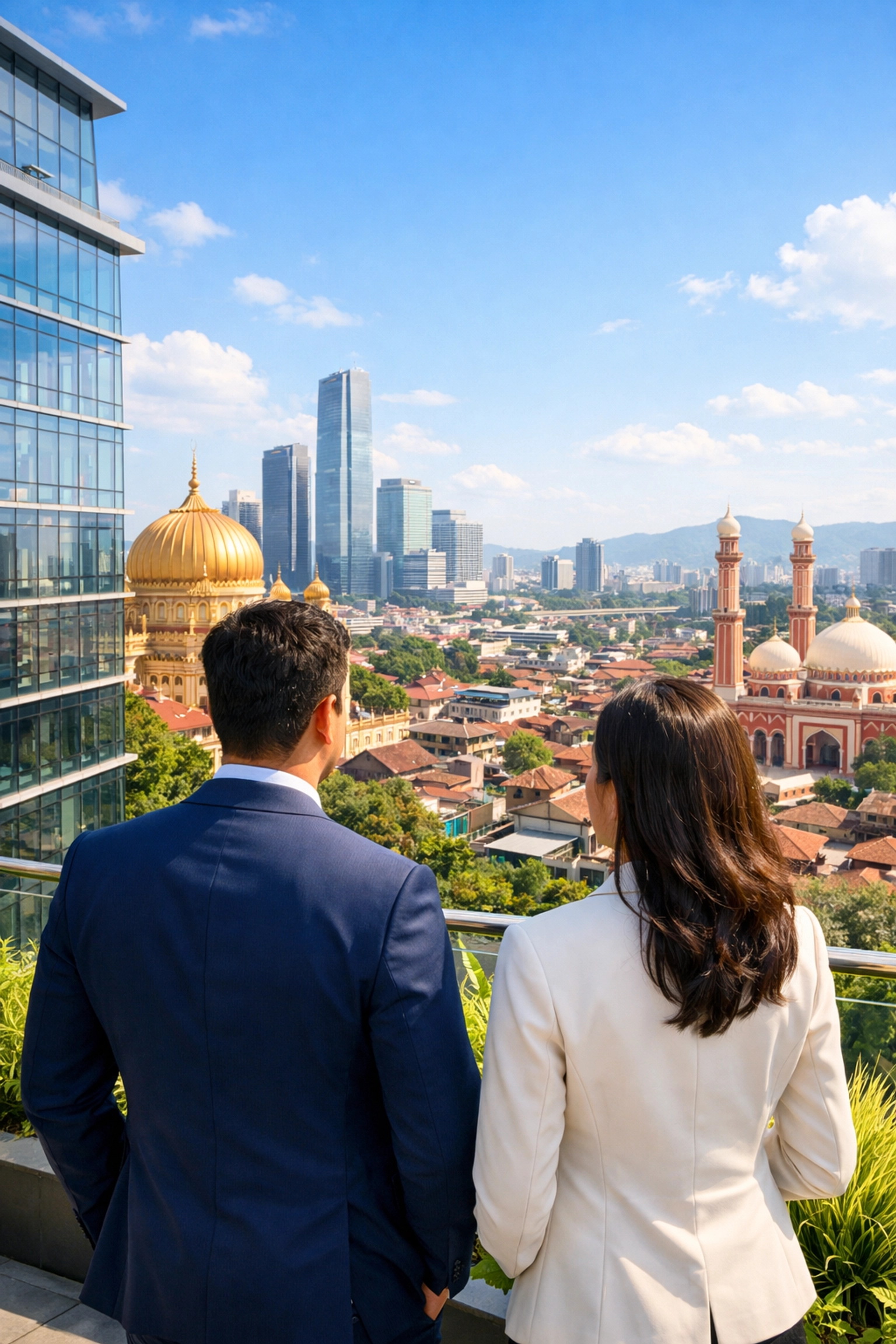 Business professionals overlooking a modern city skyline representing growth in South Asian trade.