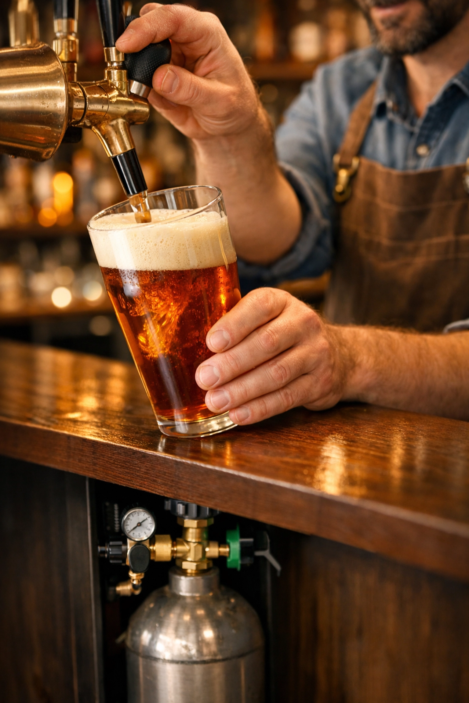 Bartender pouring a pint of beer using a refillable CO2 cylinder for consistent carbonation.