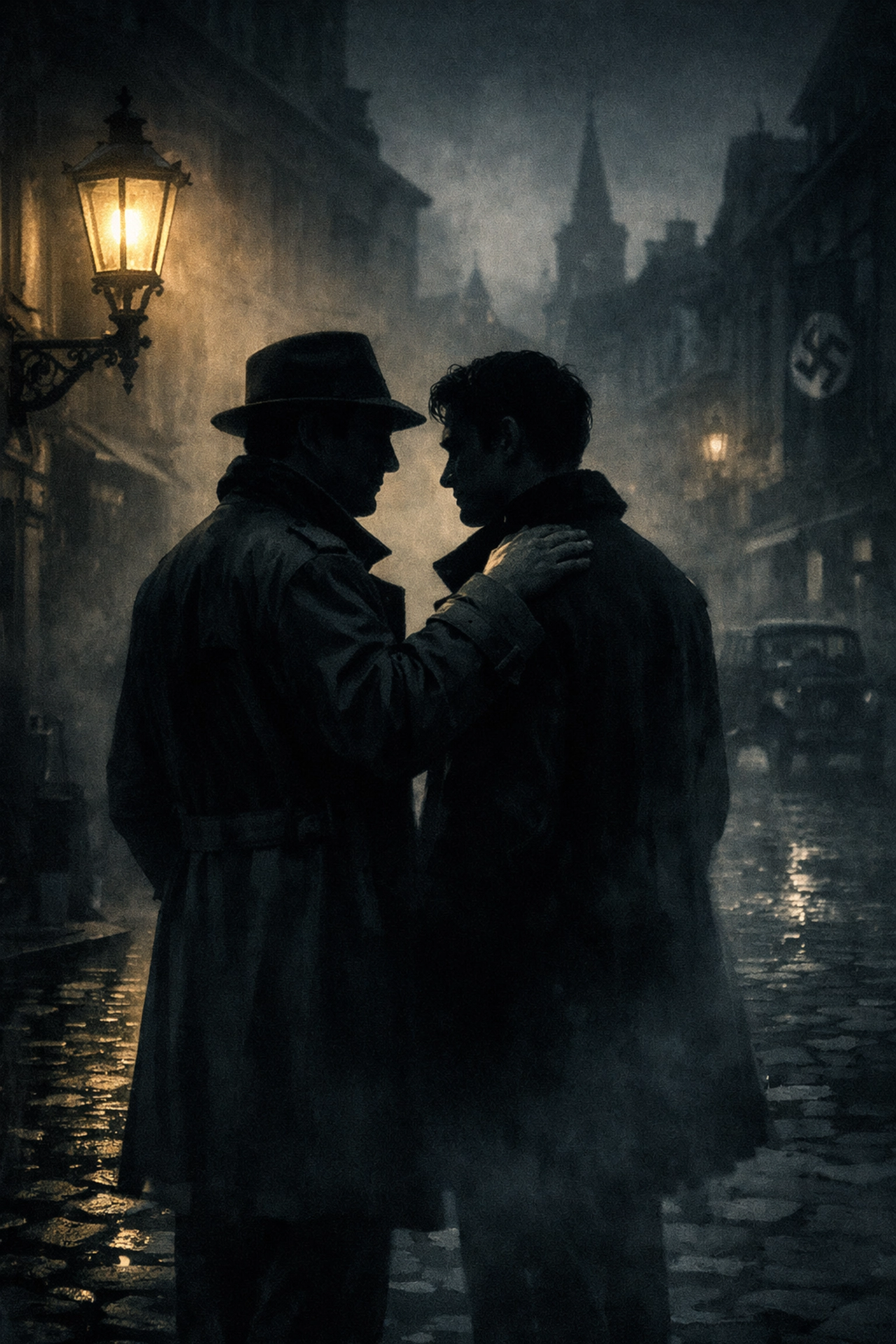 Two men sharing intimate moment on foggy street in WWII occupied Europe