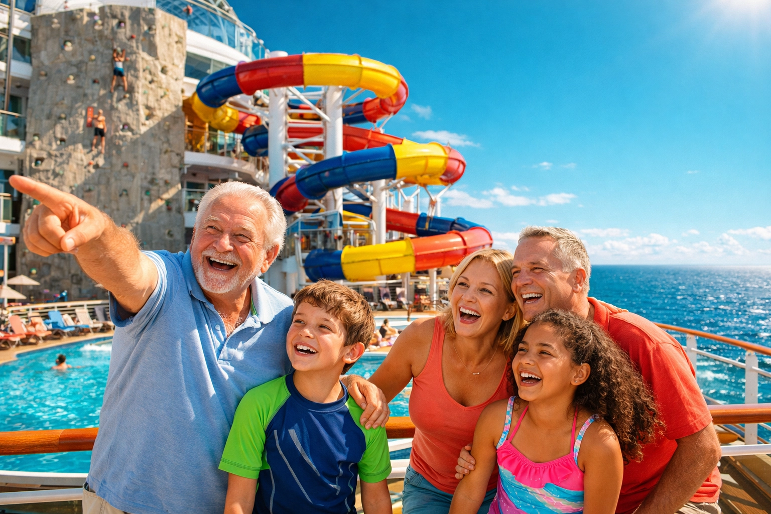 Family enjoying water slides and pool activities on a luxury cruise ship deck booked with a cruise specialist.