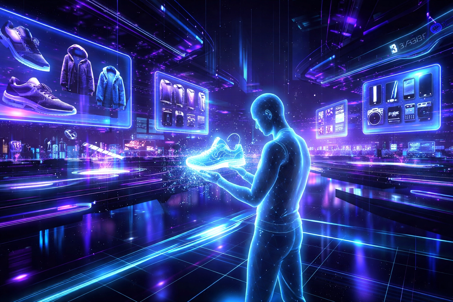 Virtual marketplace with avatars shopping digital products in a neon-lit metaverse environment for crypto payments