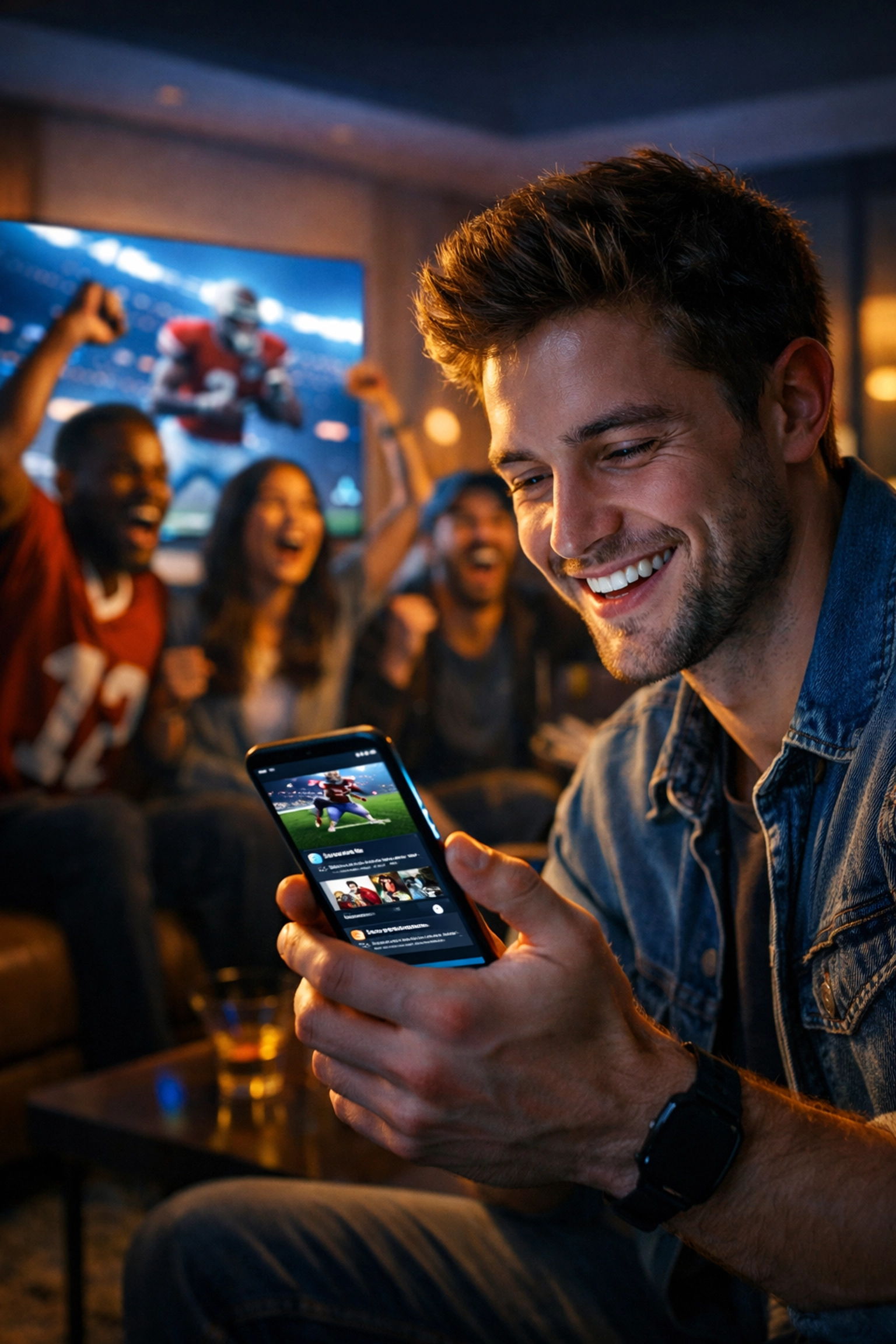 Sports fans watching a game on TV while engaging with NIL athlete content on a smartphone.