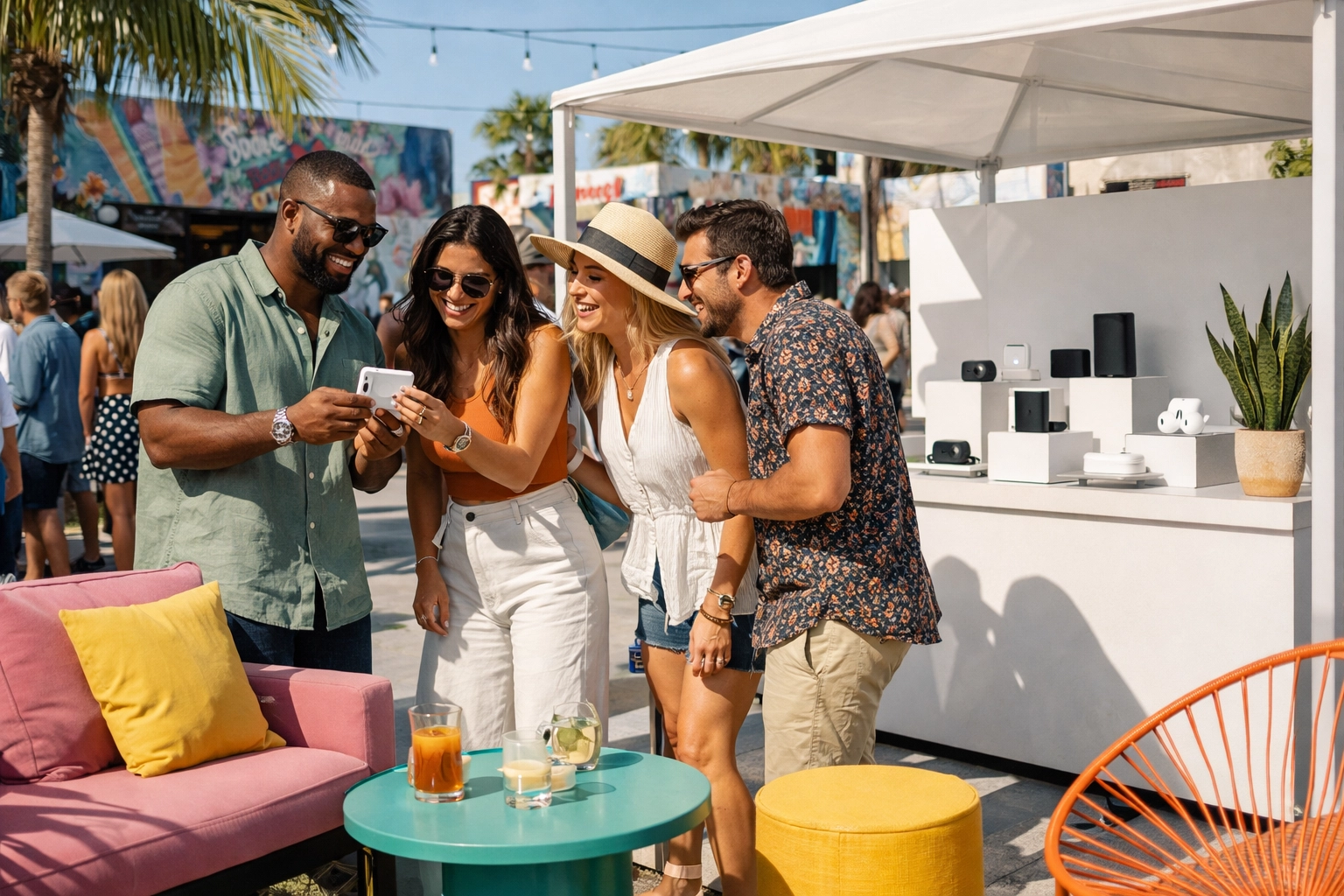 Attendees enjoying a sunny brand activation event at a stylish outdoor venue in Miami's Wynwood district.