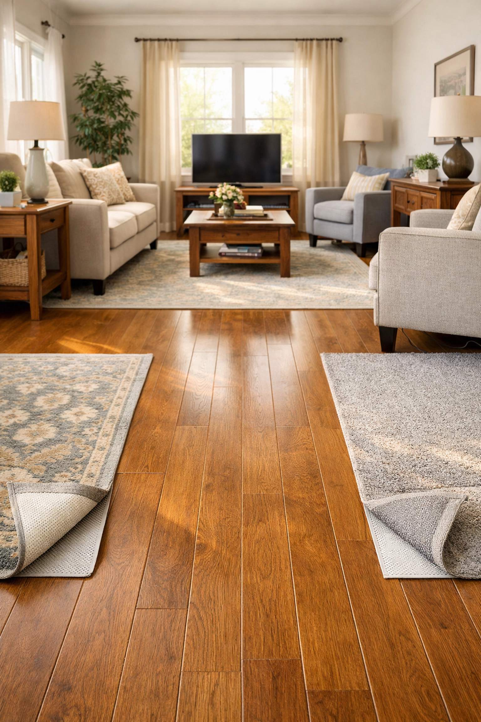 Clutter-free living room with clear walkways and secured rugs for senior safety