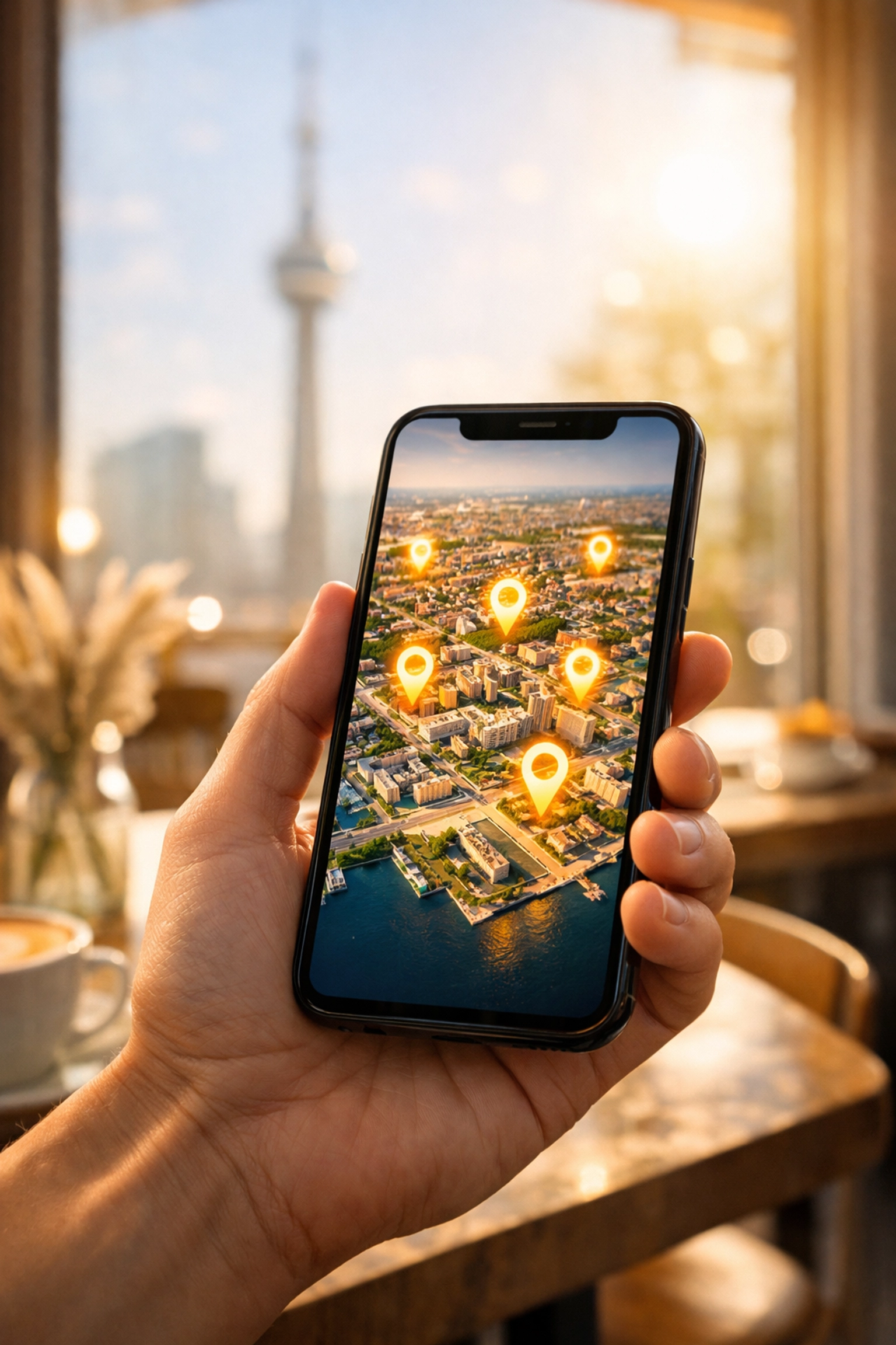 Local customer using a smartphone to find Toronto businesses on a map near the CN Tower.