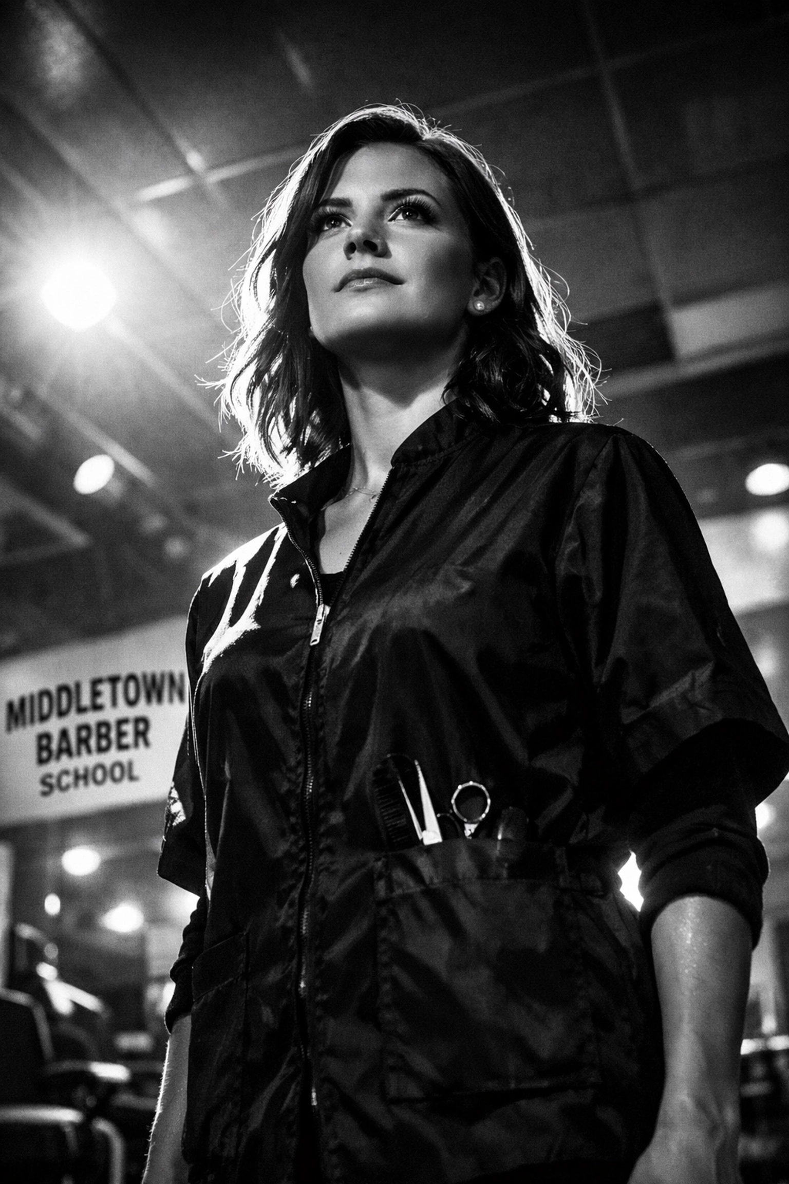 A professional female barber student looking toward her future career at X-Quisite Cutz Middletown.