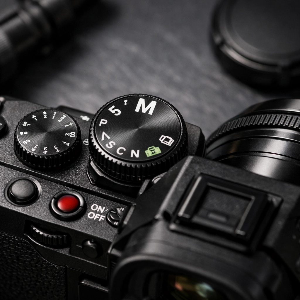 Close-up of a digital camera dial set to manual mode to master camera exposure settings.