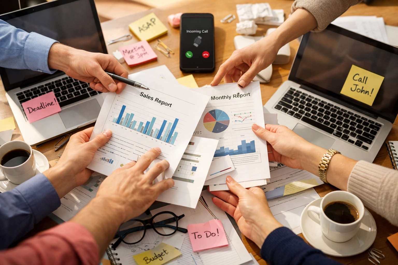 Overwhelmed entrepreneur managing multiple tasks simultaneously at chaotic desk workspace