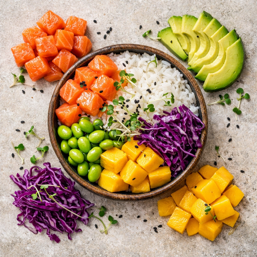Ingrédients frais d'un poke bowl maison avec saumon, avocat et légumes croquants chez Oh My Bowl.