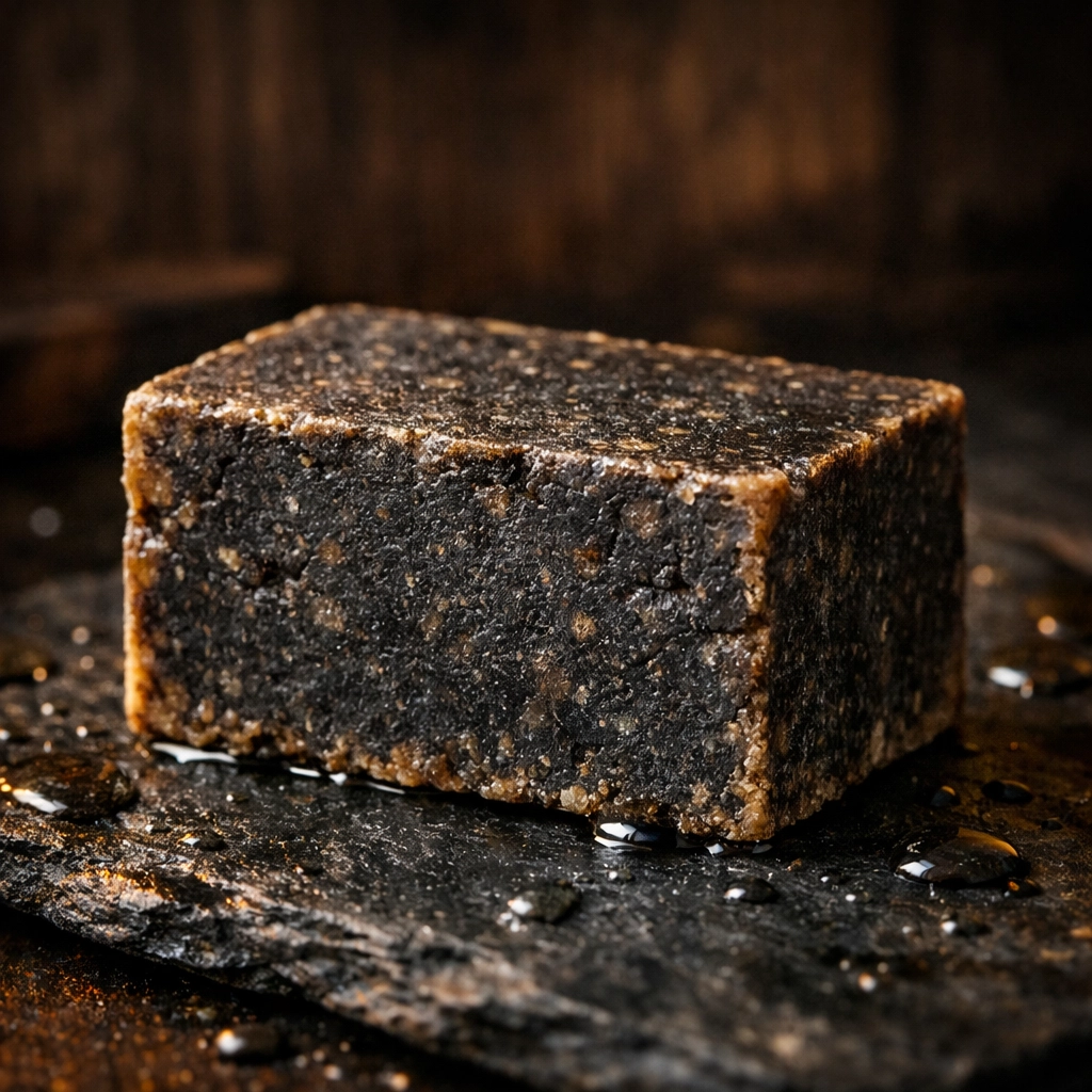 A concentrated solid beard wash bar resting on a wet slate surface, highlighting high-quality ingredients.