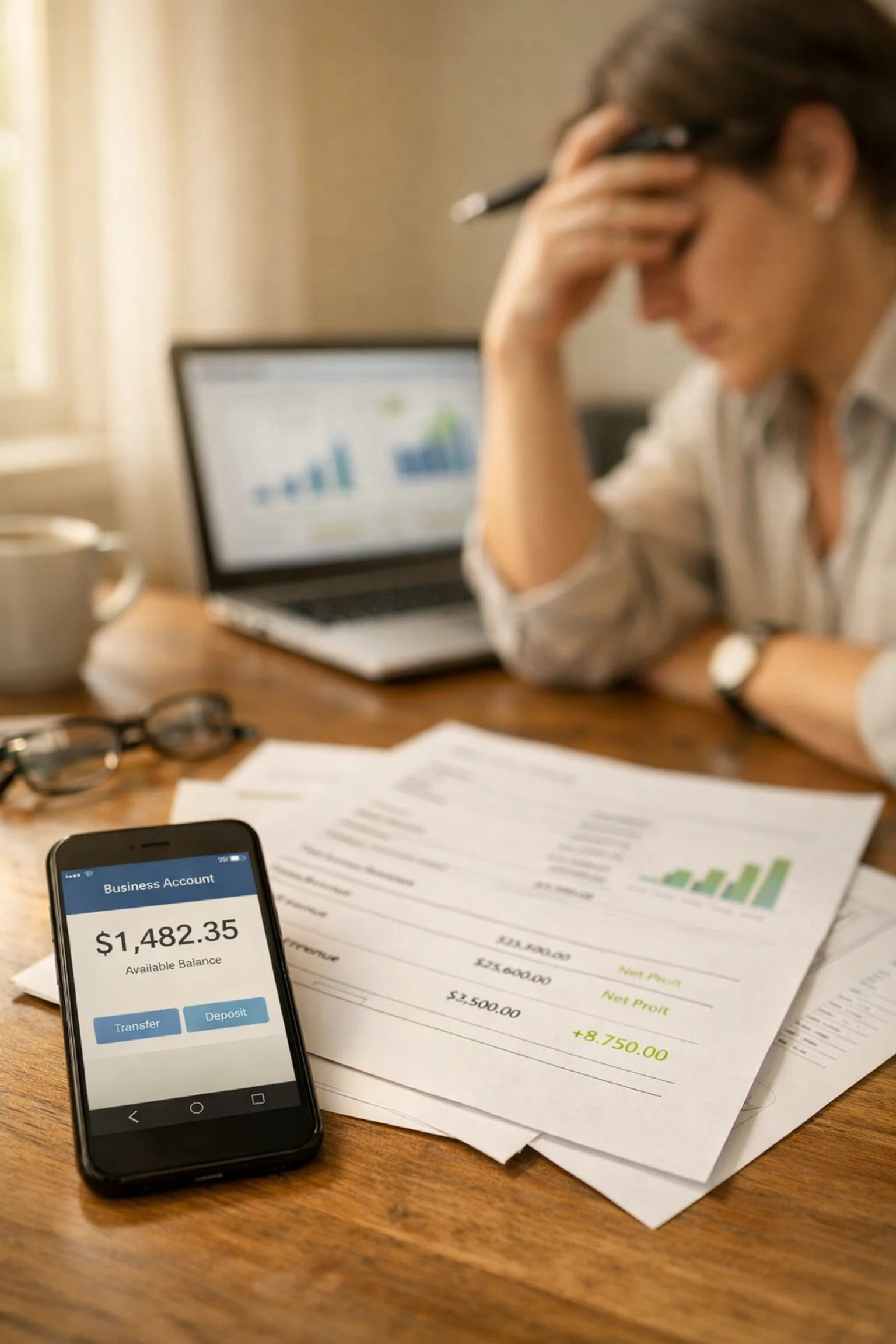 Small business owner comparing bank balance on phone with printed financial statements
