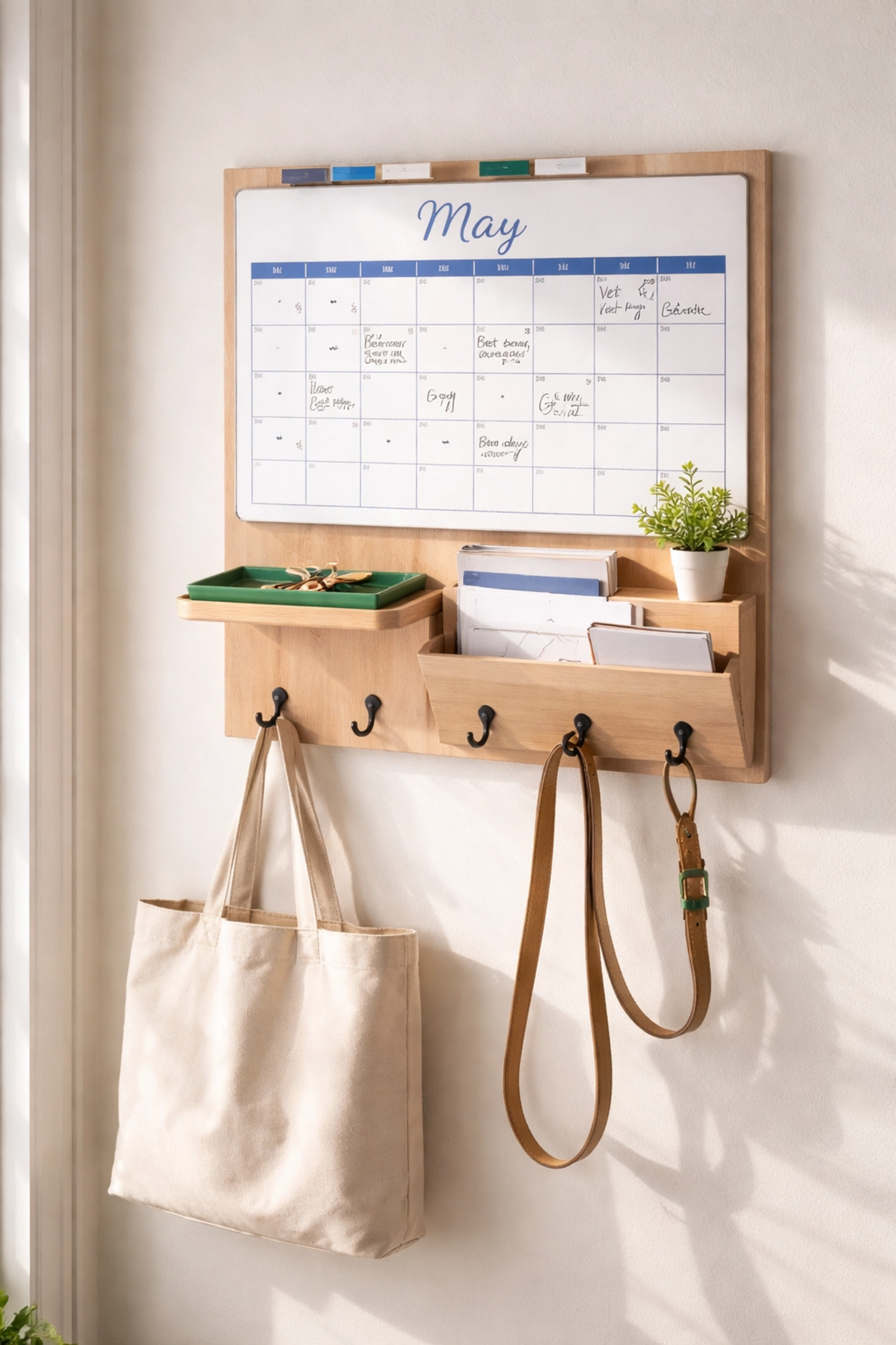 Organized household command center in a bright entryway with wall calendar, keys, and tote bag for home efficiency.