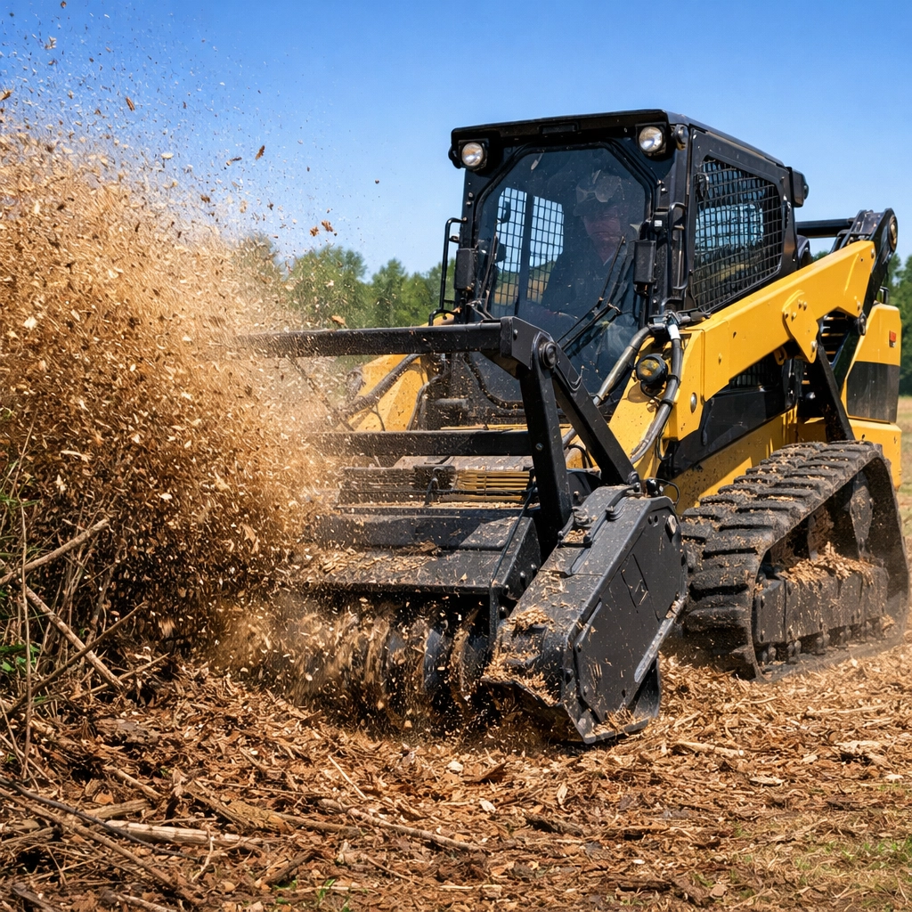 A professional skid steer with a forestry mulcher clearing invasive brush on a rural Michigan property.