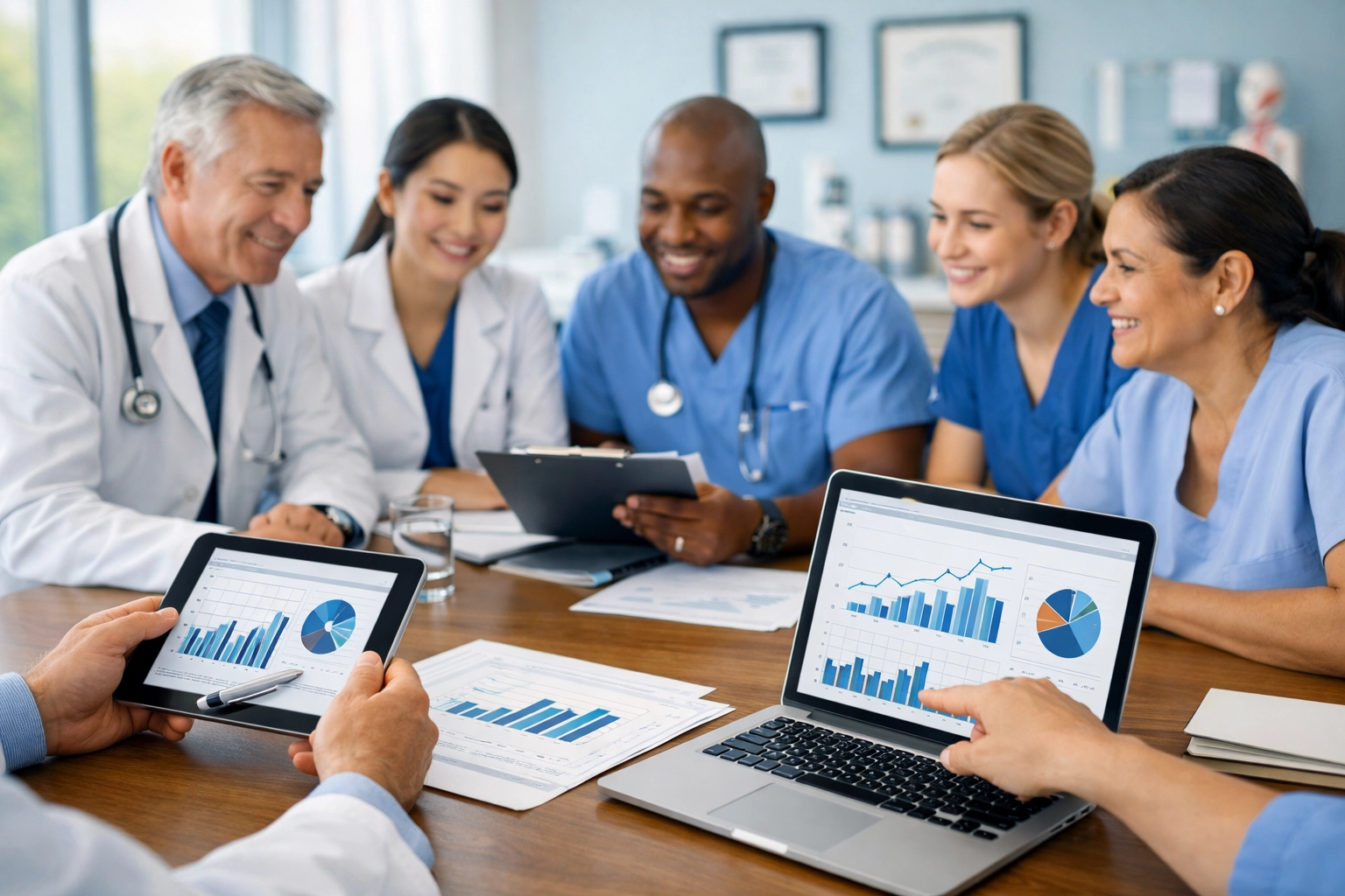 Healthcare team reviewing medical billing goals and financial performance metrics at conference table
