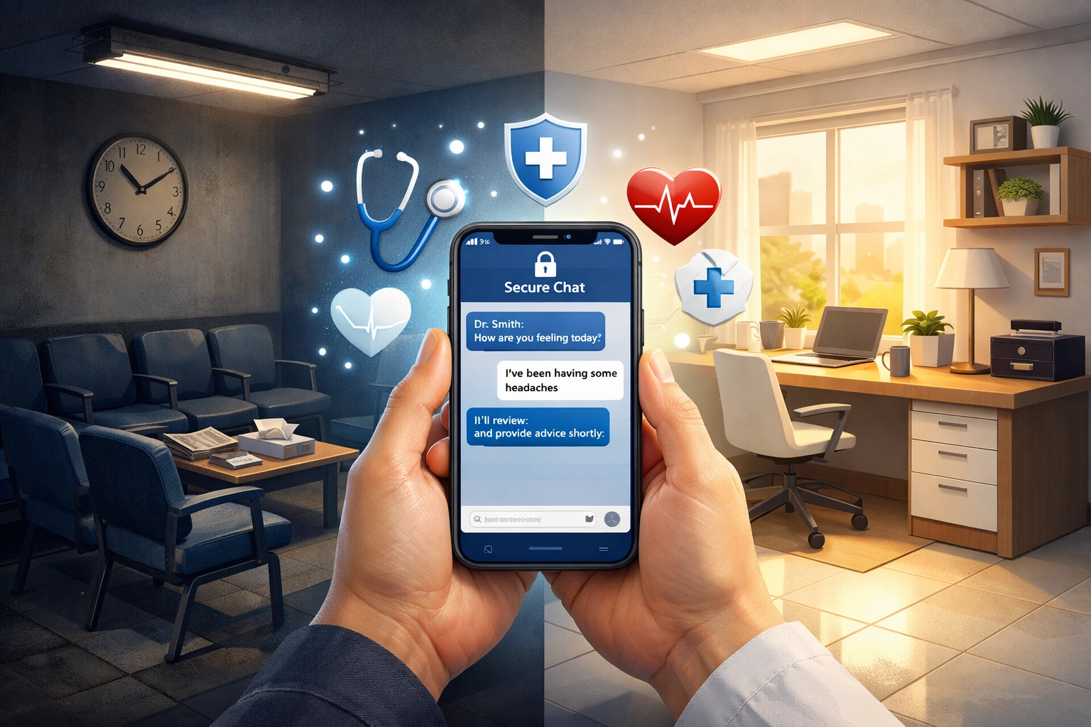 Hands holding a smartphone for a secure medical messaging chat, comparing traditional clinics to modern telehealth.
