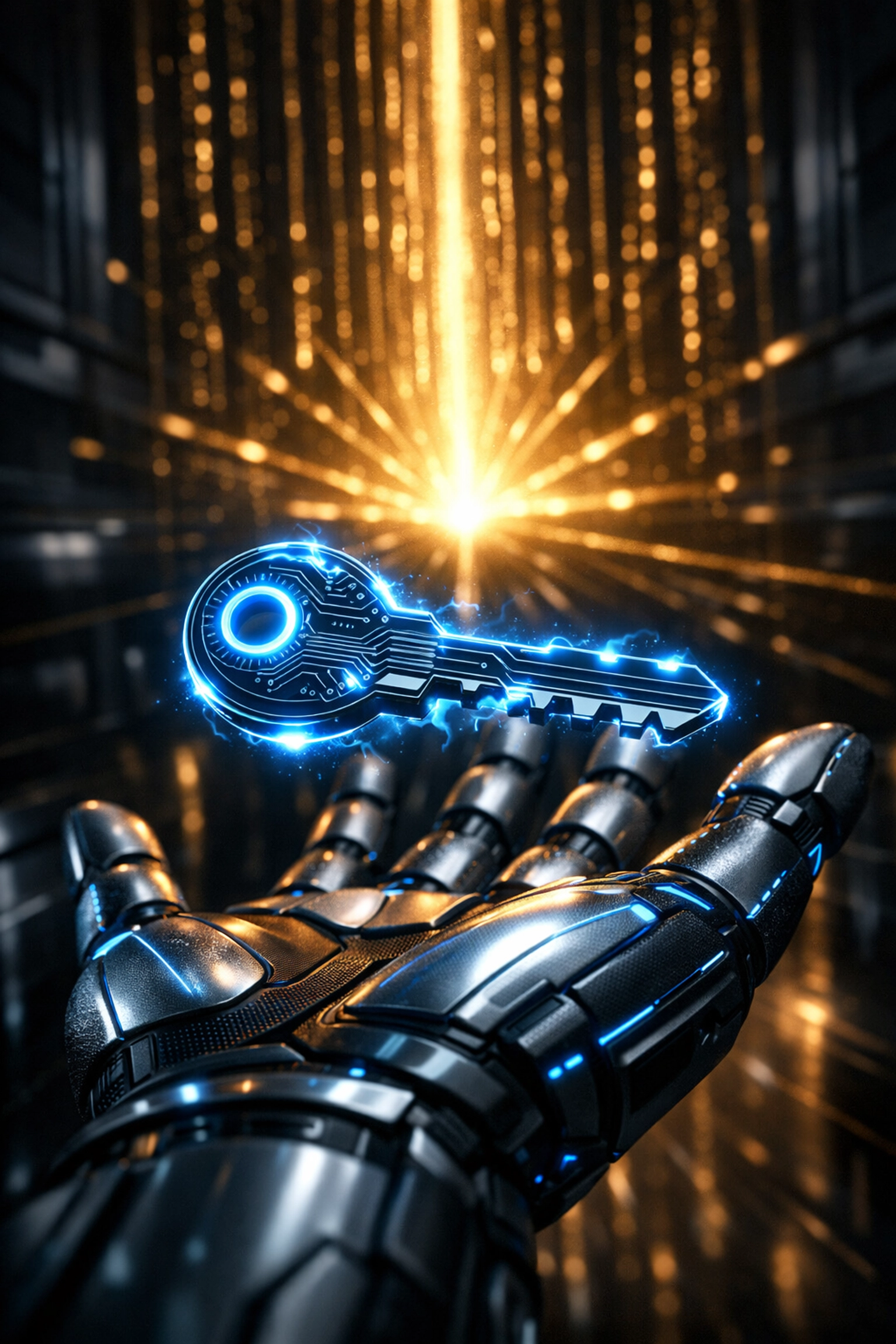 A glowing digital key representing secure self-custody and instant finality in Larecoin Web3 payments.