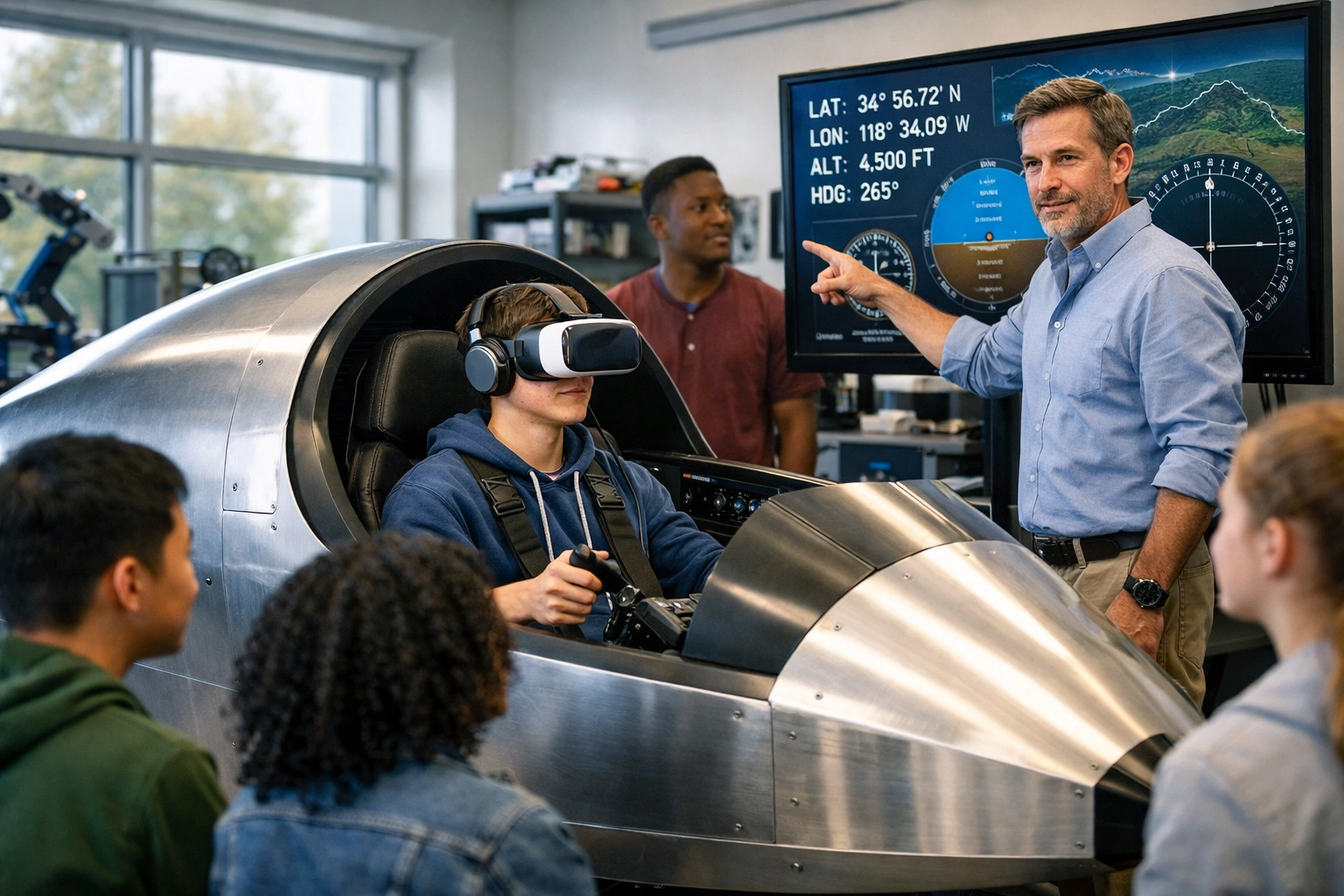 High school students using a compact flight simulator pod in a modern STEM lab for ROTC training.