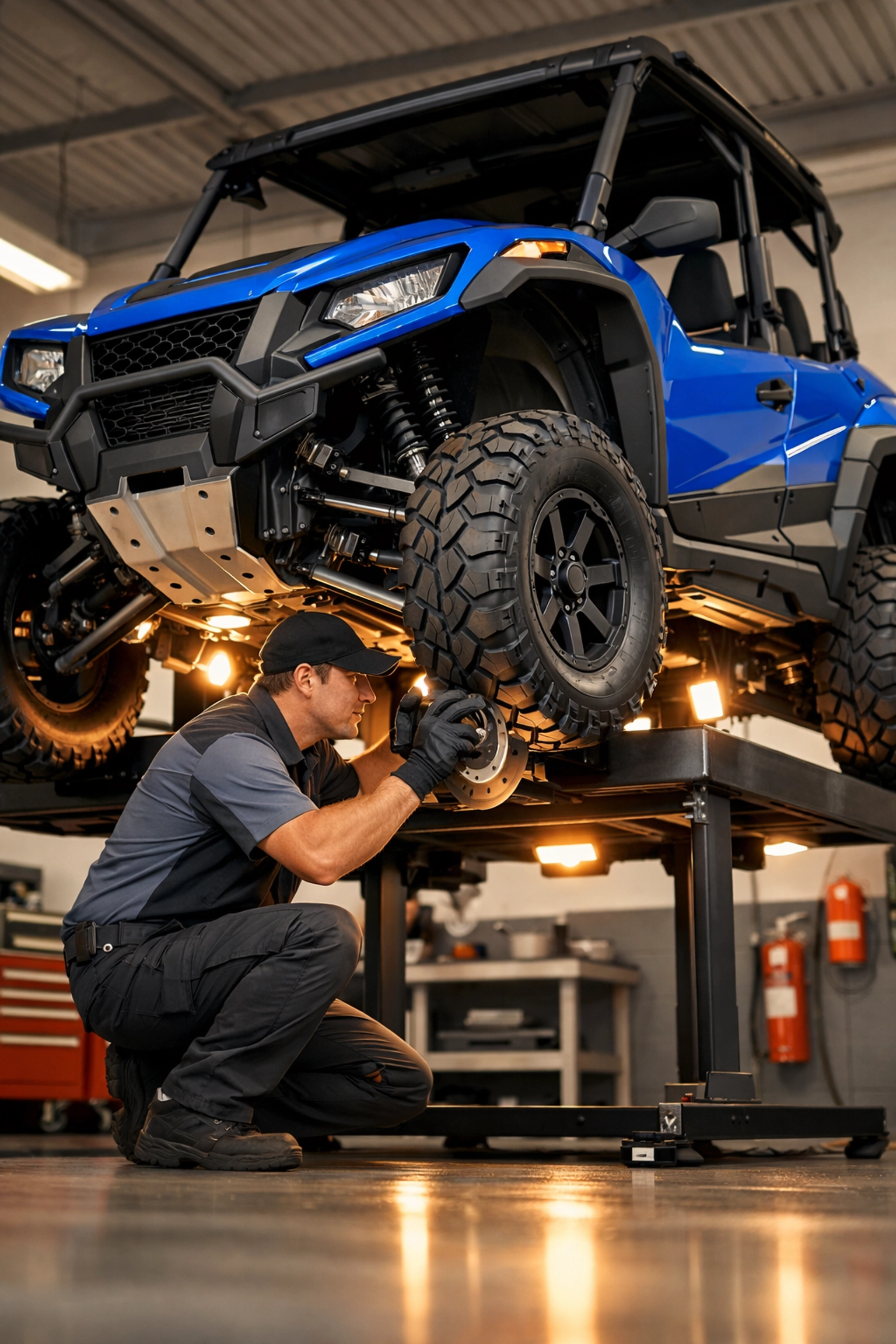 Mechanic inspecting UTV brake system during safety inspection