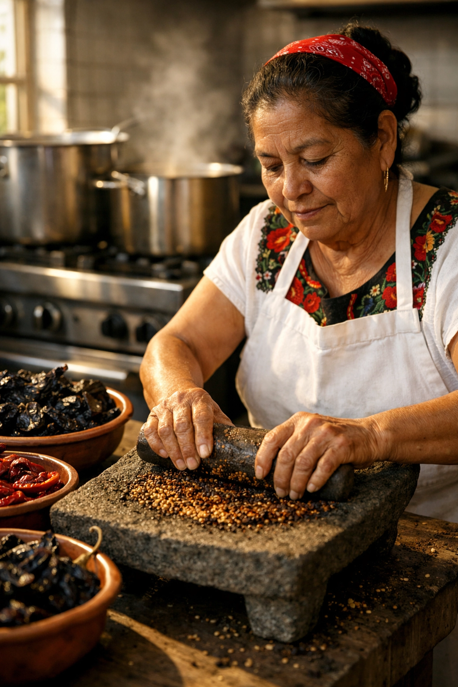 Experienced Mexican chef using a metate to grind spices for ancestral regional mole recipes in a professional kitchen.