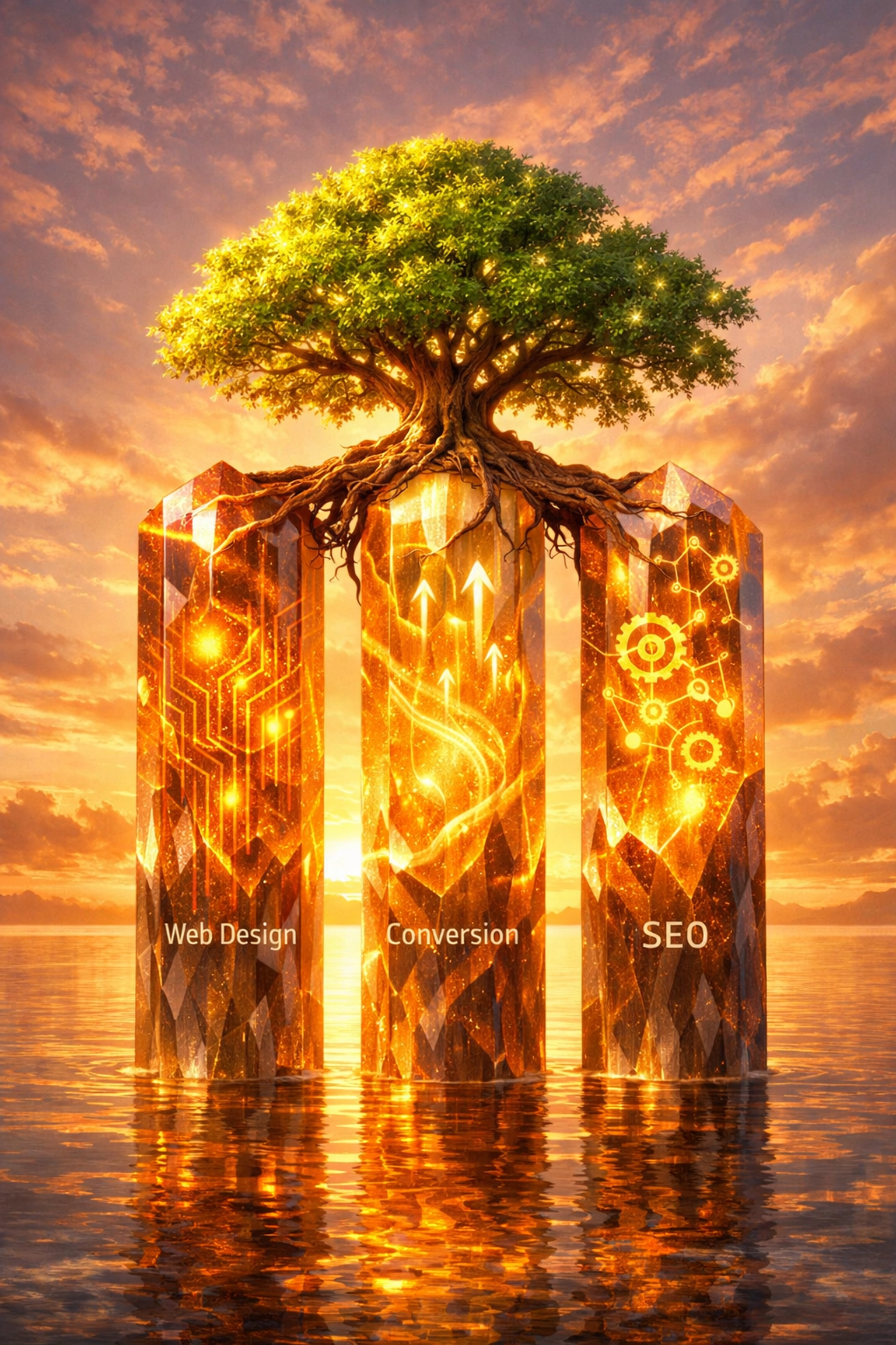 Visual metaphor of web design, SEO, and conversion optimization pillars supporting a growing business.