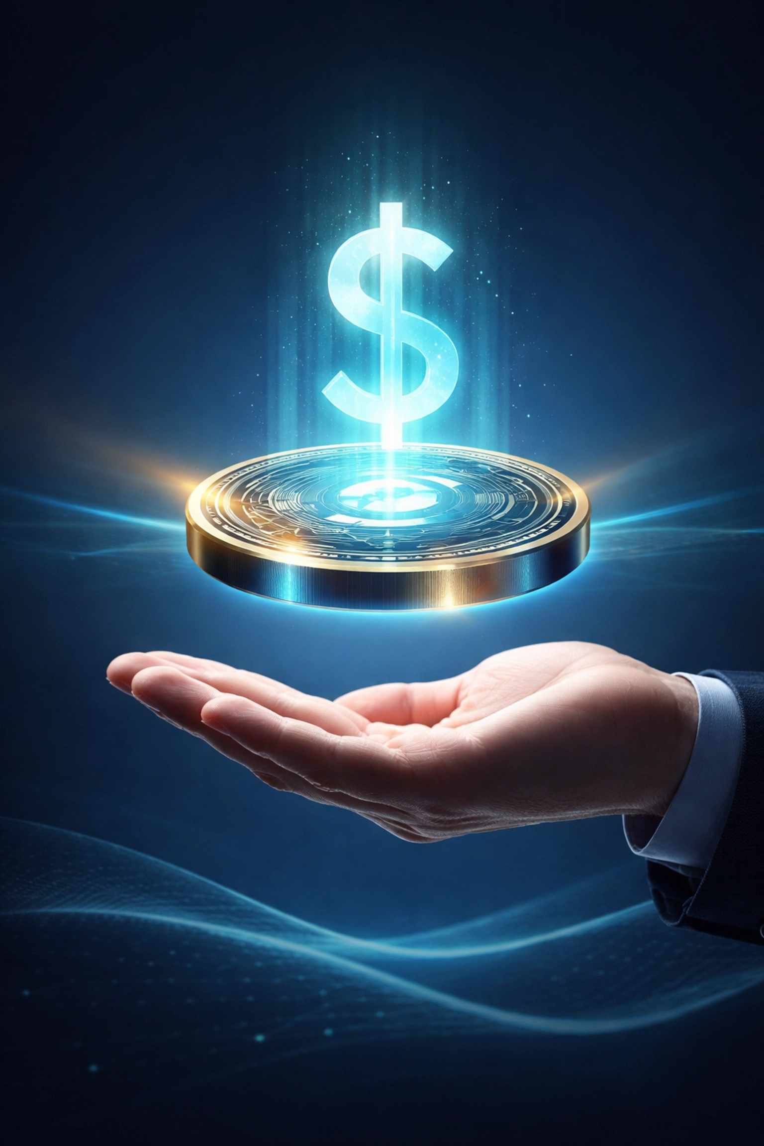 A glowing stablecoin floats above an open palm, symbolizing LUSD stablecoin benefits and secure Web3 payments.